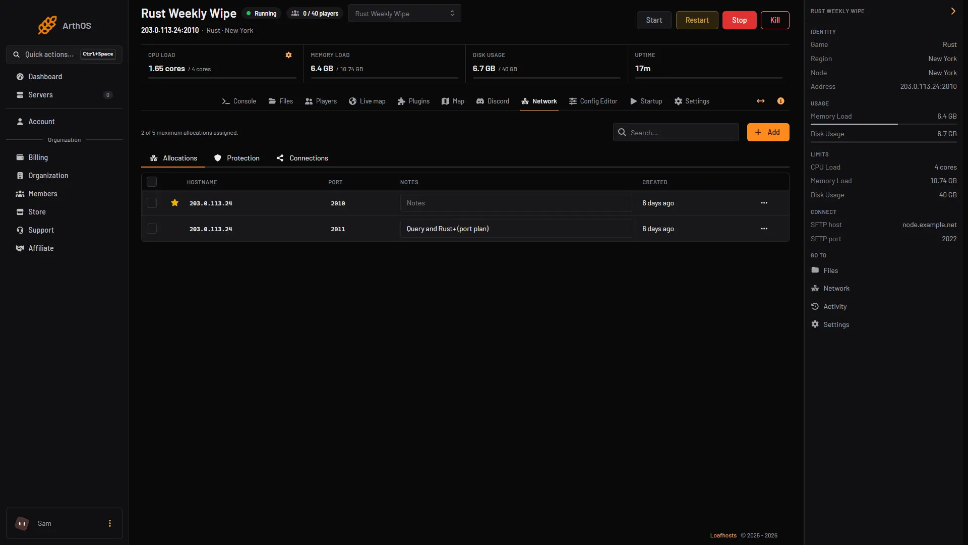 The Network tab of a Rust server, with its two allocated ports