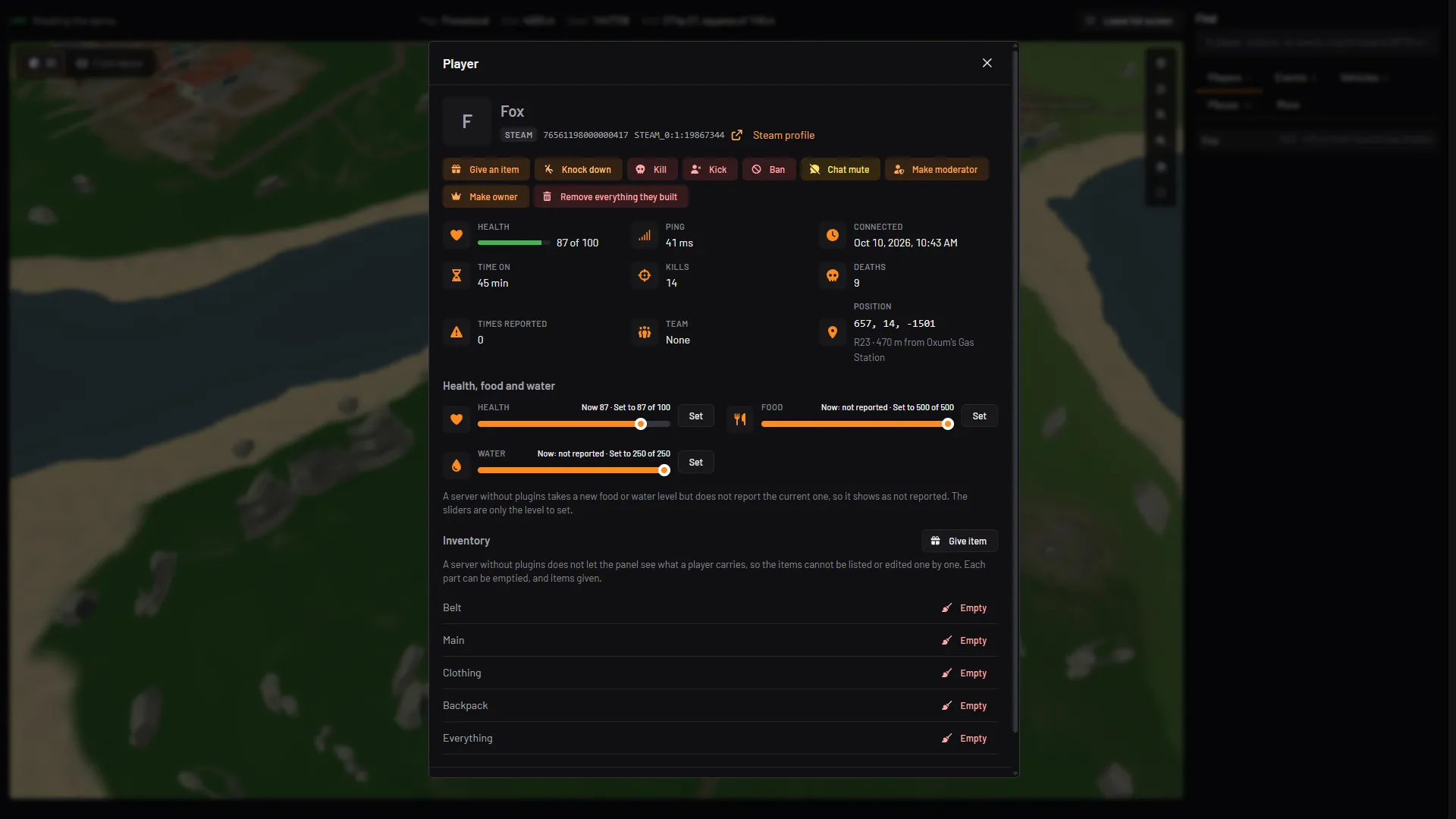 Rust player menu with actions, kills and deaths, health, food and water sliders and the inventory