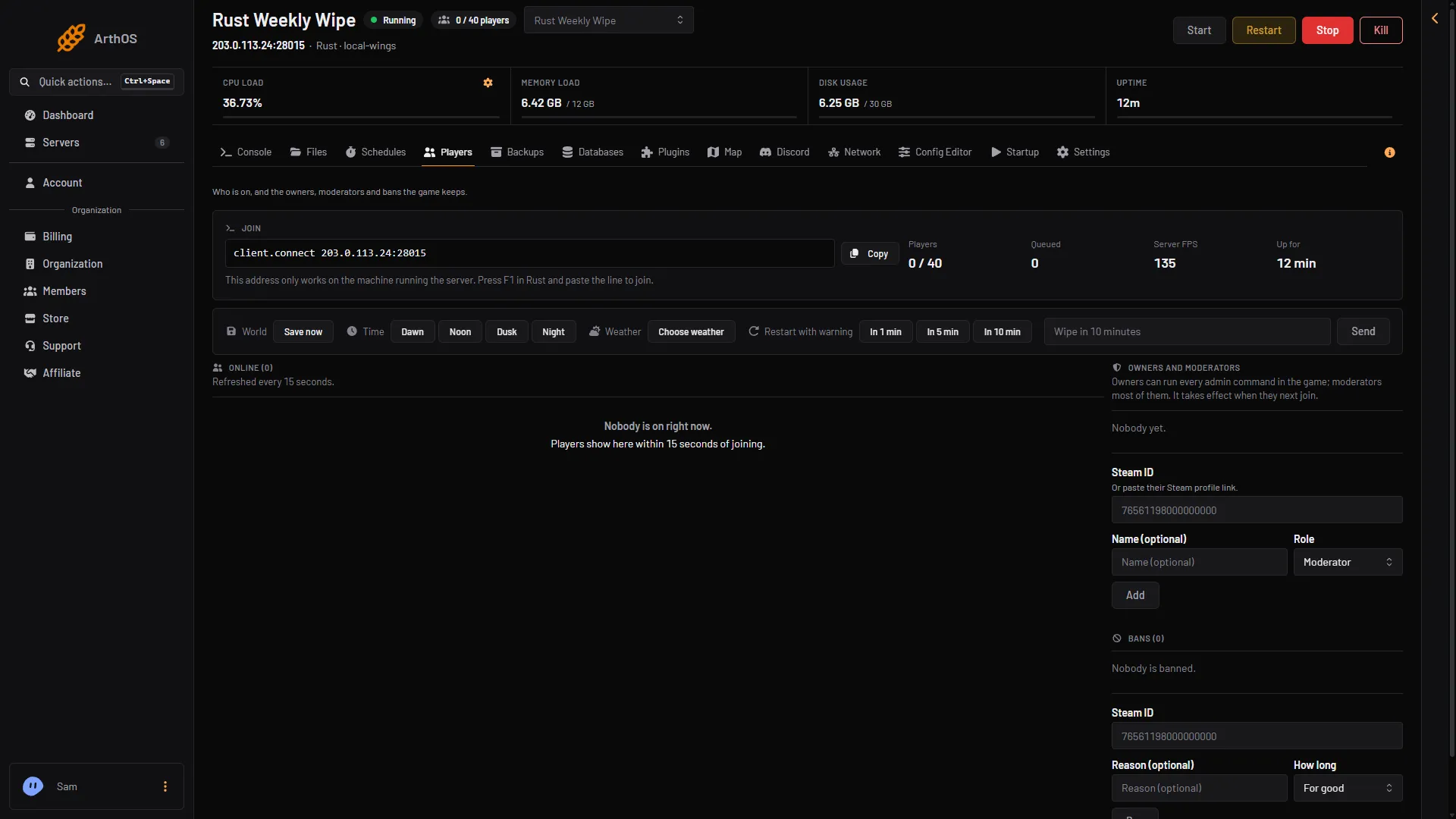 Rust players page with the join line, time, weather, restart with warning, owners and moderators