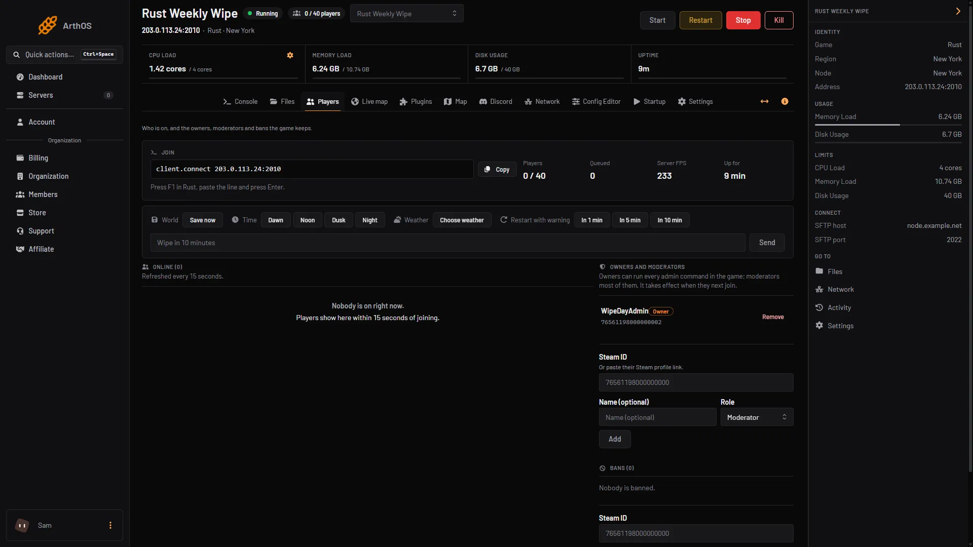 The Players tab of a running Rust server, with the Server FPS tile and Restart with warning