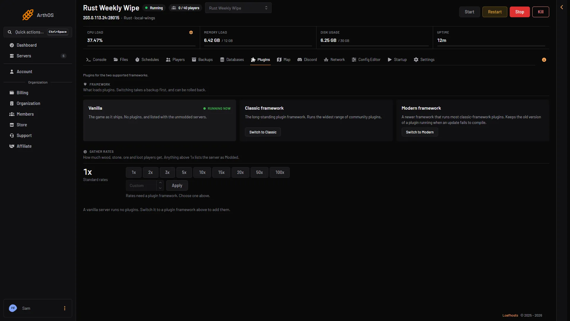 Rust plugins page with the plugin framework choice and gather rates from 1x to 100x