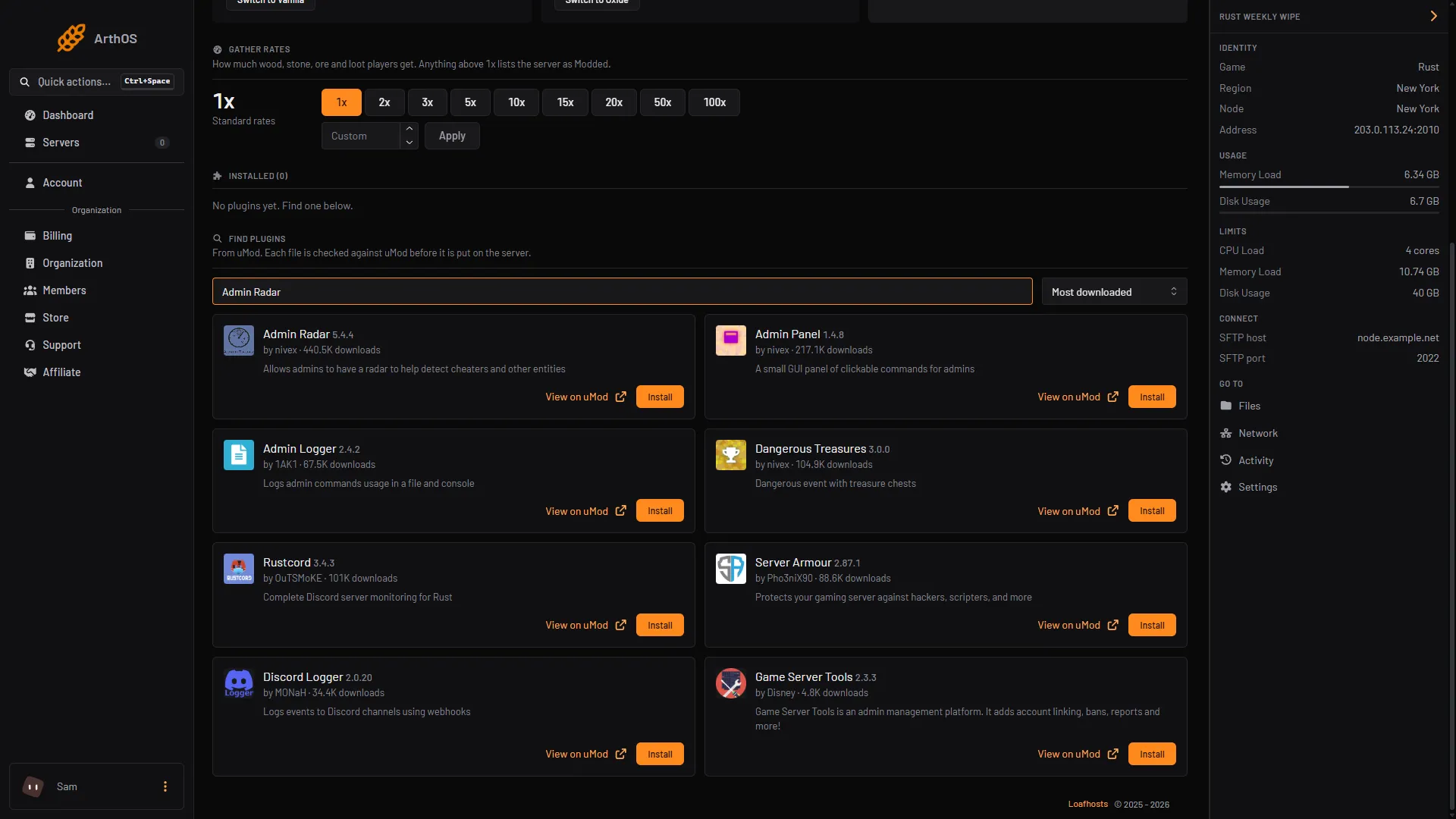 The Plugins tab with Admin Radar typed in Search uMod, the Admin Radar card and its Install button