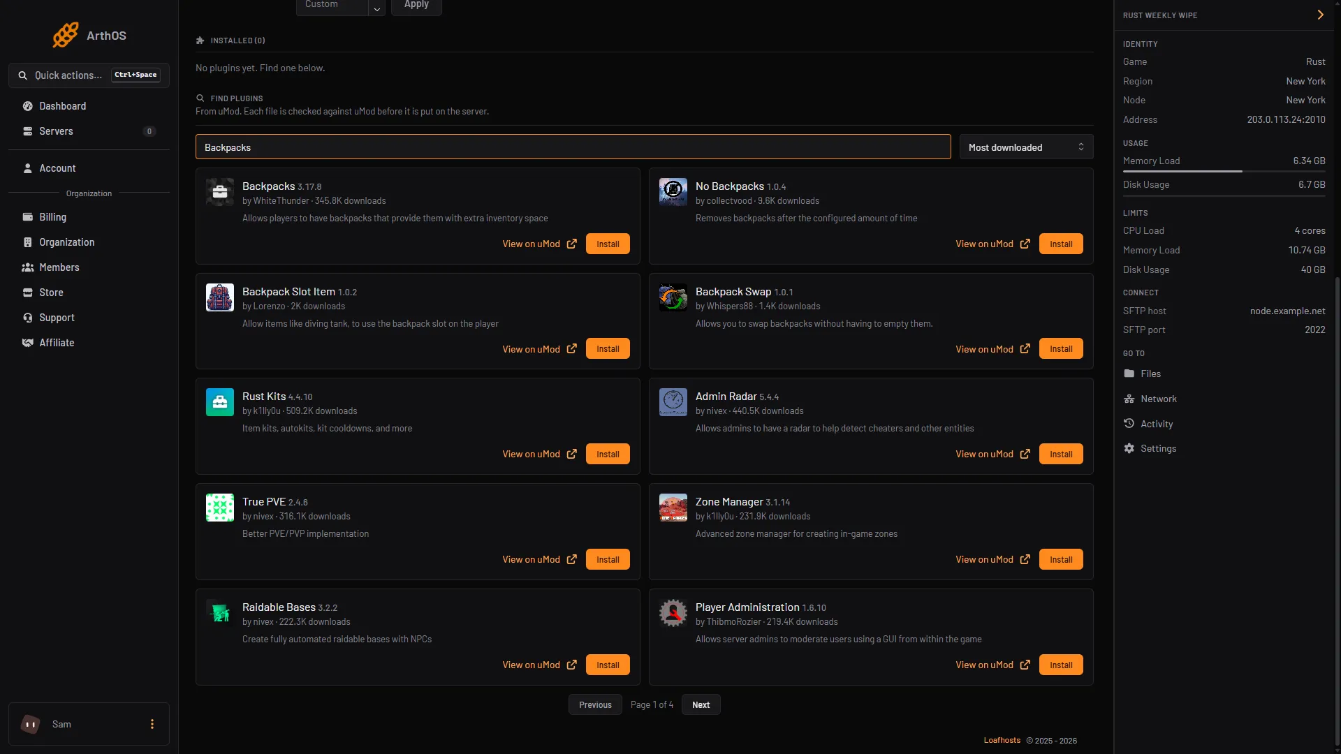 The Plugins tab with backpacks typed in Search uMod, the Backpacks card and its Install button