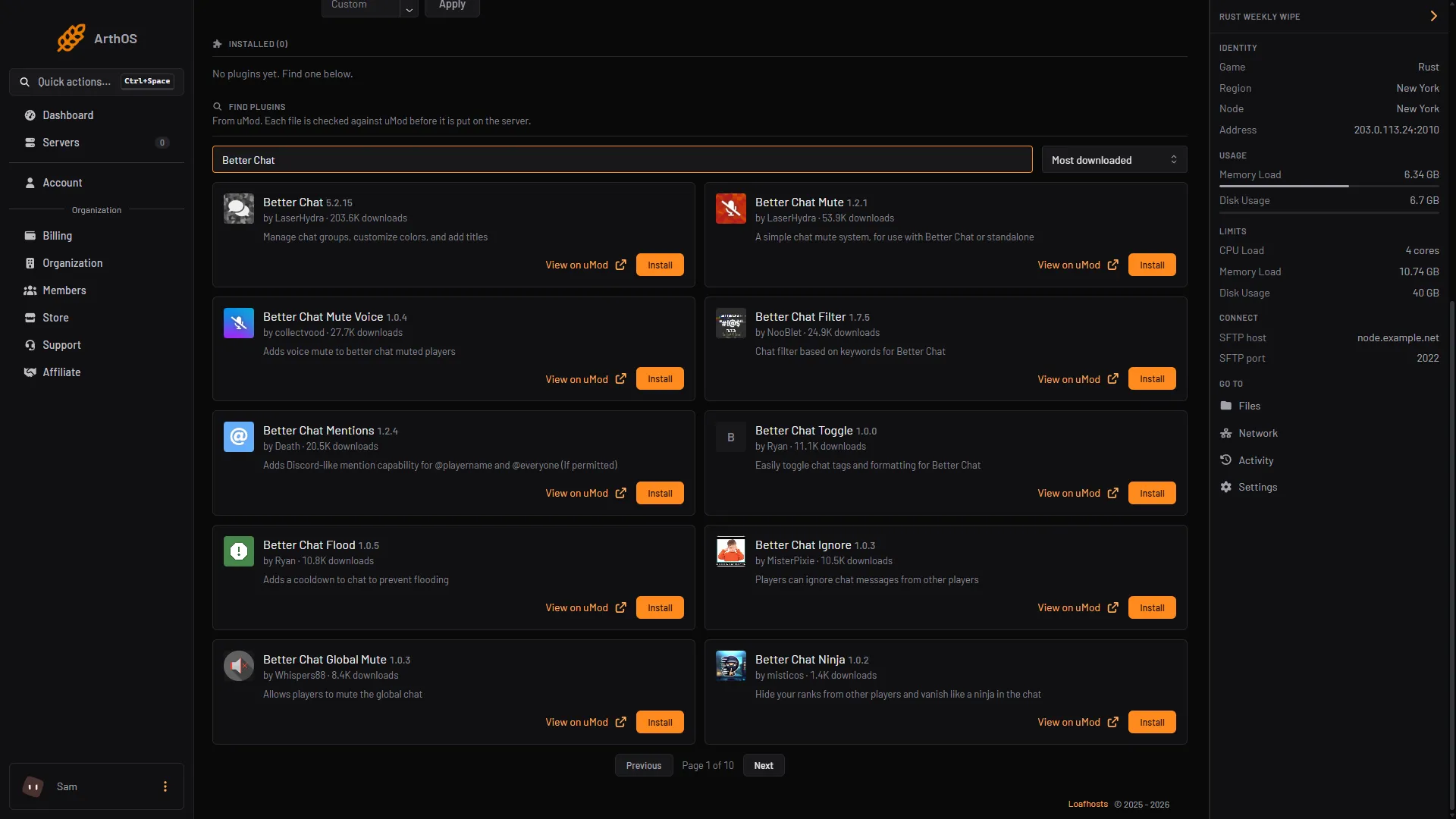 The Plugins tab with Better Chat typed in Search uMod, the Better Chat card and its Install button