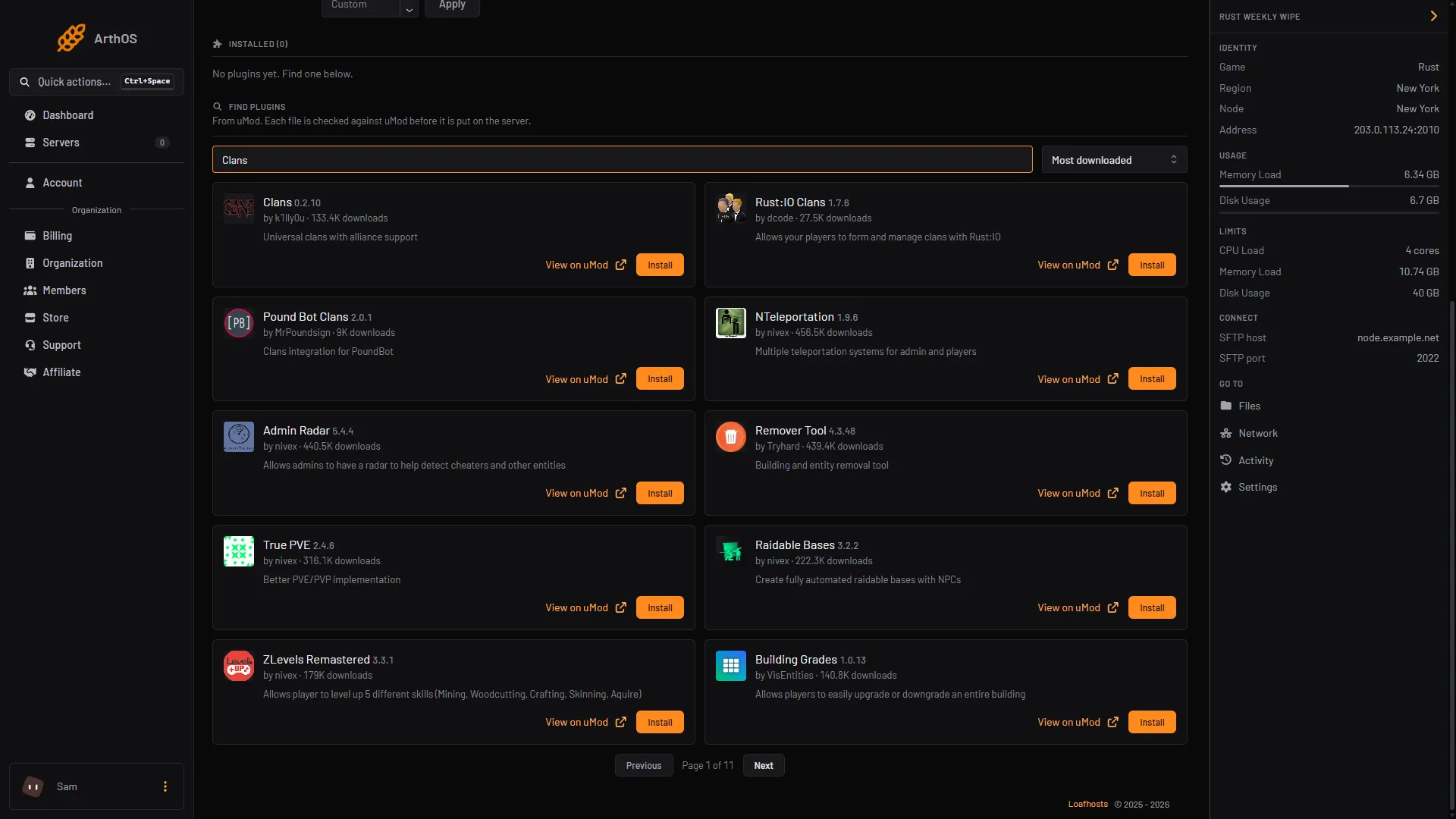 The Plugins tab with Clans typed in Search uMod, the Clans card and its Install button