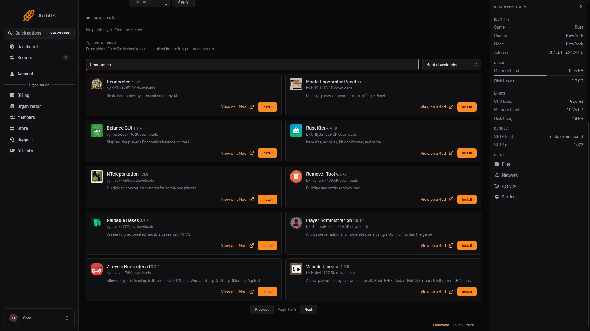 The Plugins tab with economics typed in Search uMod, the Economics card and its Install button