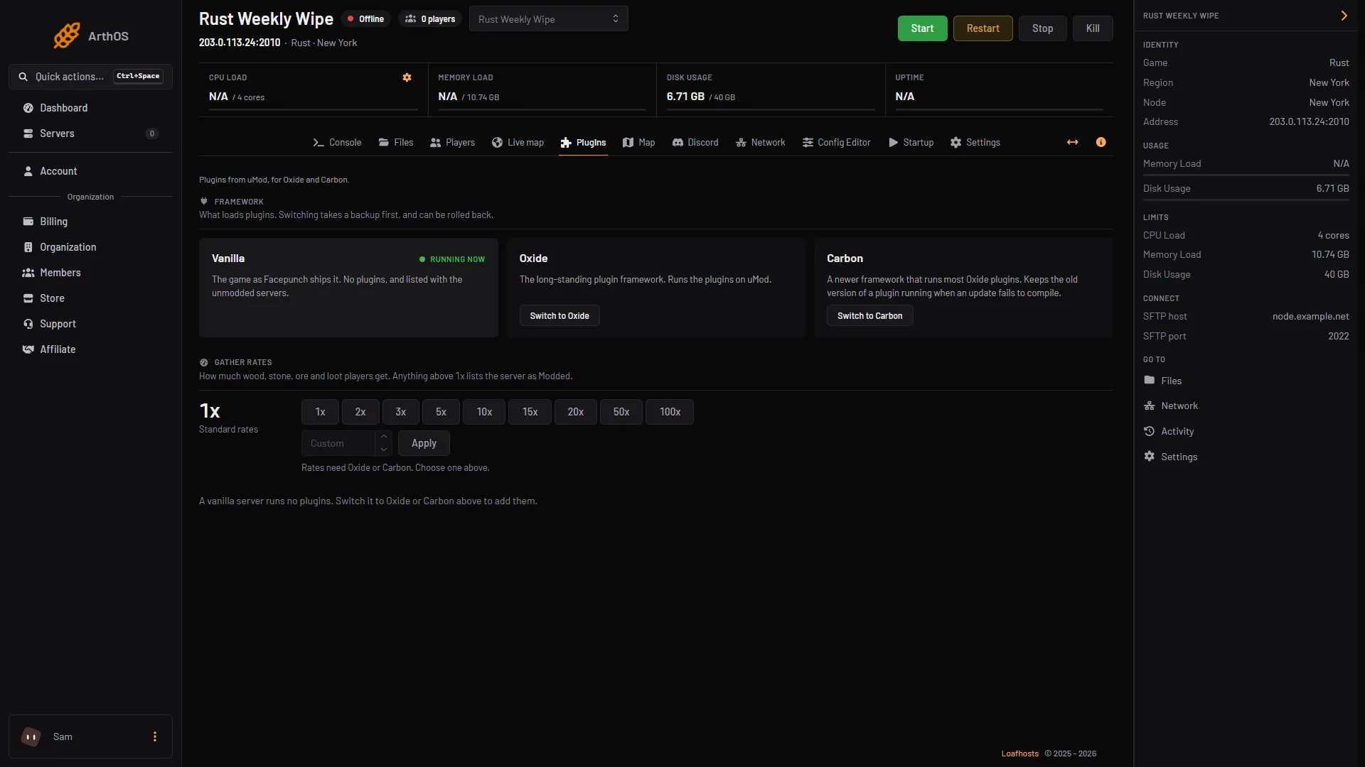 The Plugins tab with the Framework cards for Vanilla, Oxide and Carbon and their Switch buttons