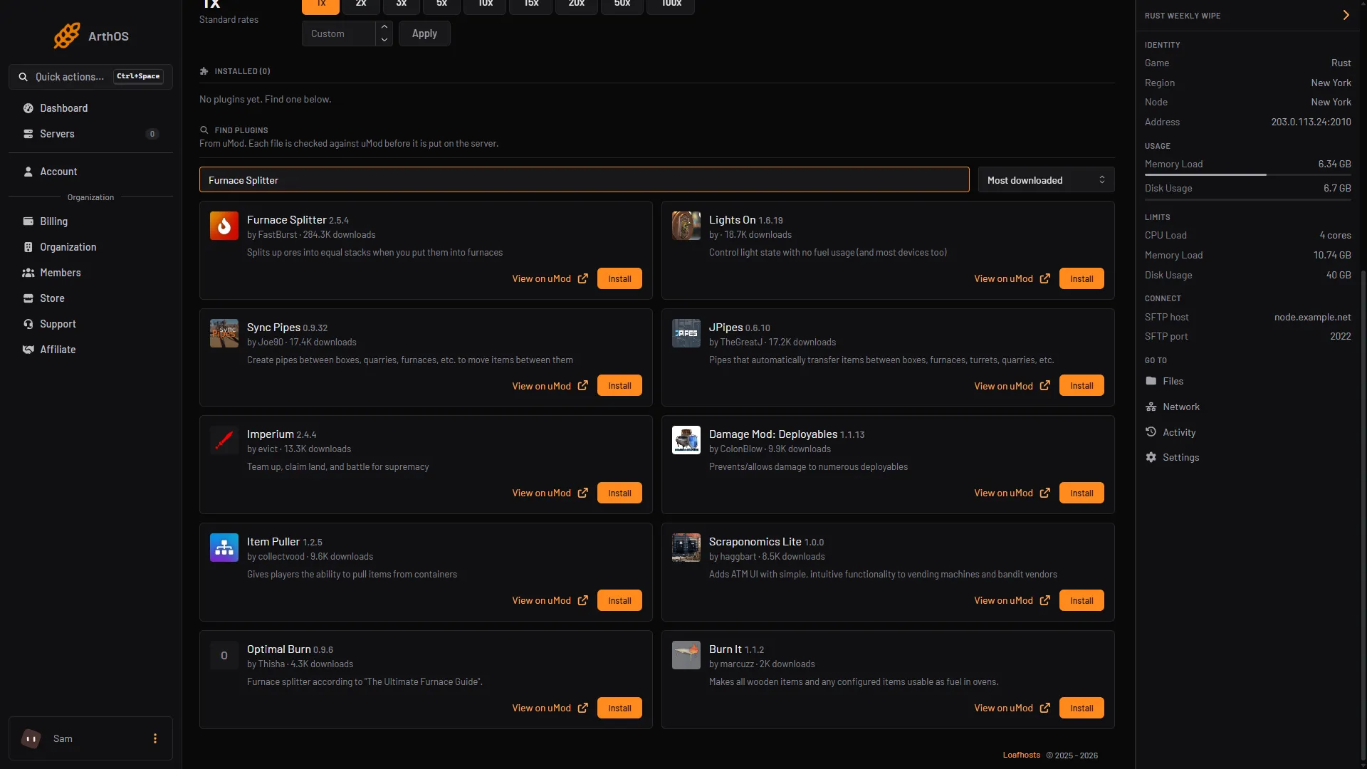 The Plugins tab with furnace splitter typed in Search uMod, the Furnace Splitter card and its Install button