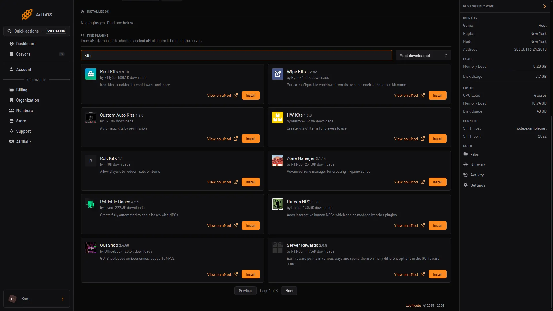 The Plugins tab with kits typed in Search uMod and the Rust Kits card with its Install button