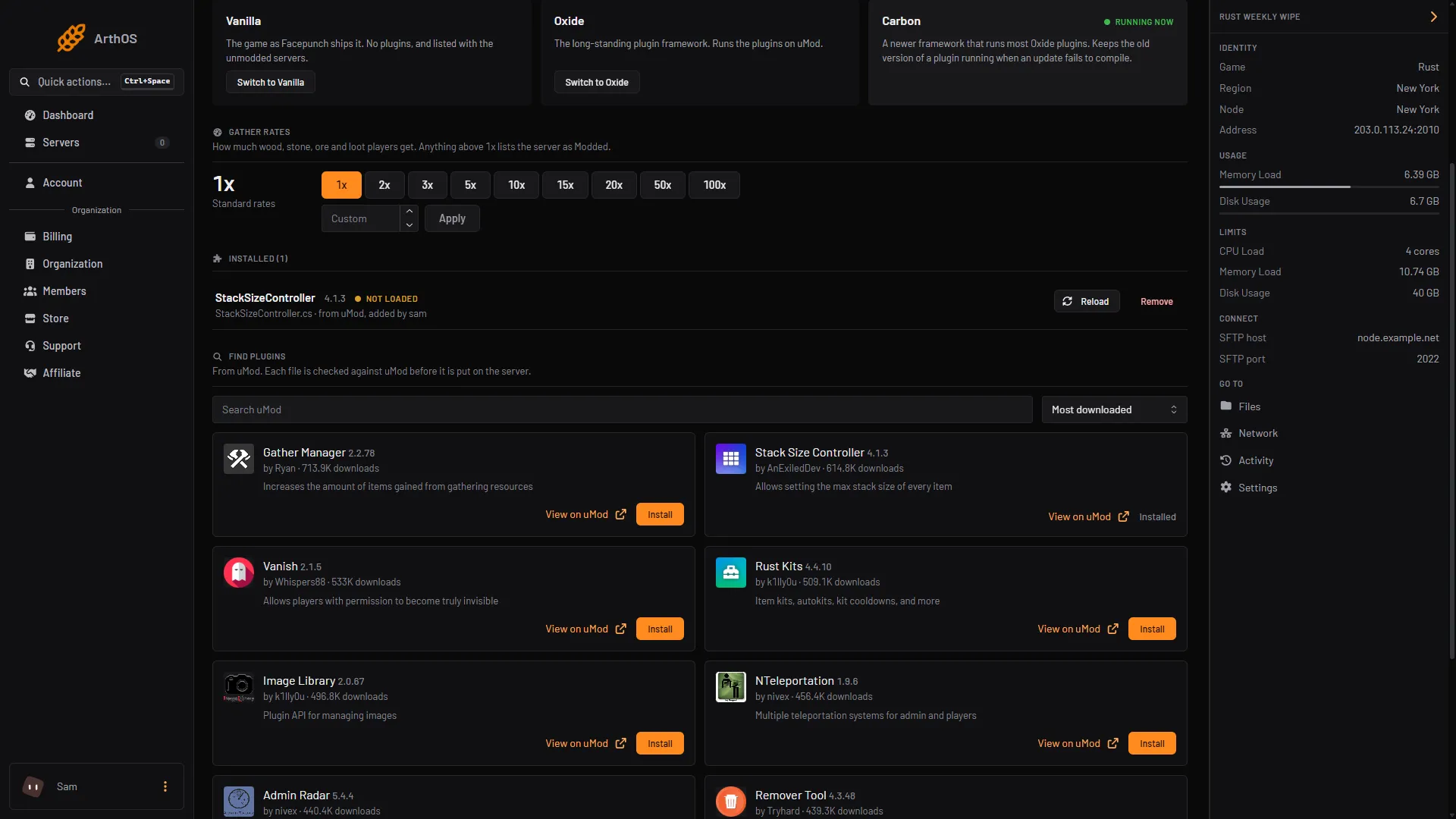 The Installed list with a plugin marked NOT LOADED and no reason under it, with Reload and Remove buttons
