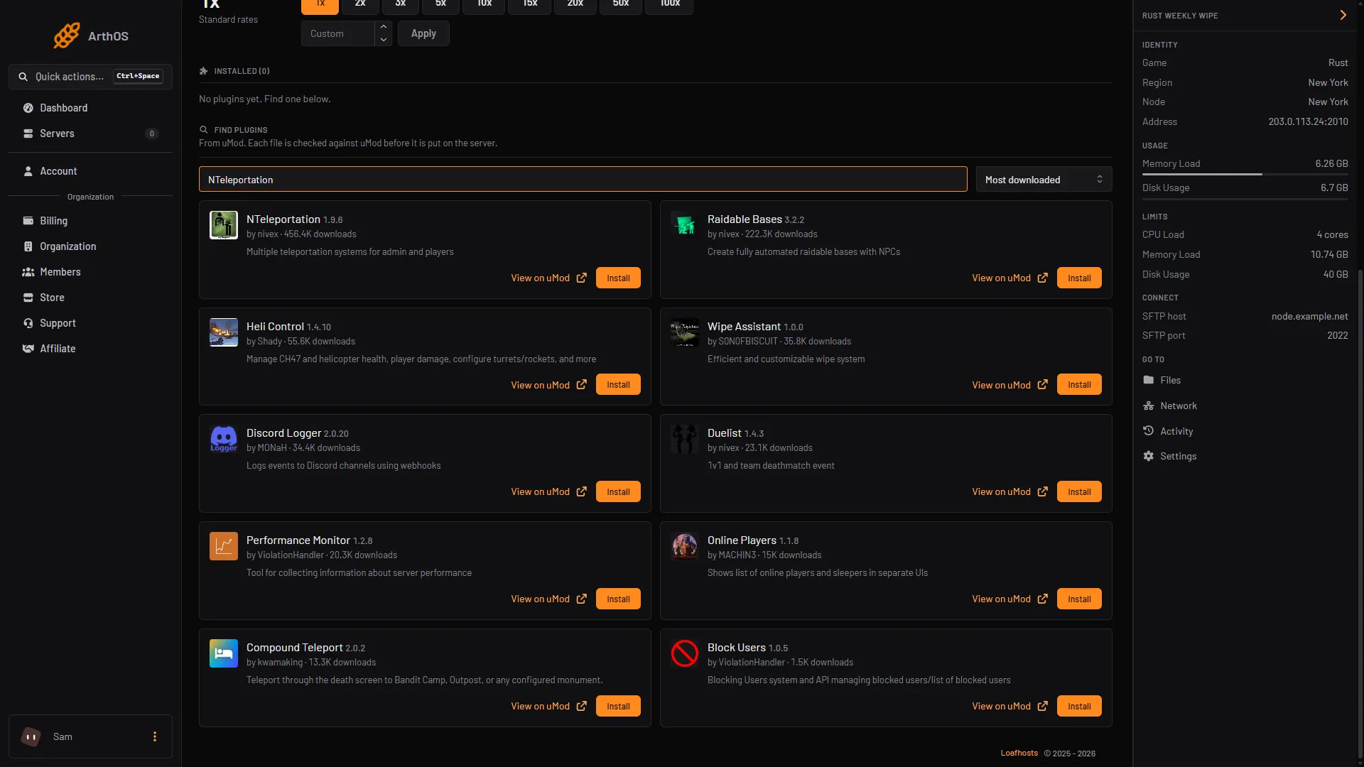 The Plugins tab with nteleportation typed in Search uMod and the NTeleportation card with its Install button