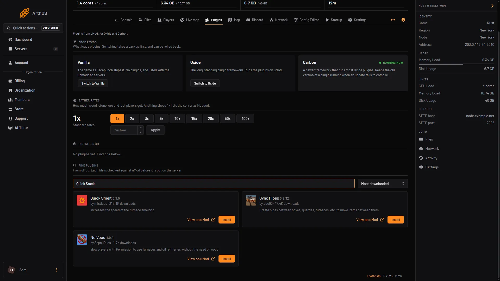 The Plugins tab with quick smelt typed in Search uMod, the Quick Smelt card and its Install button