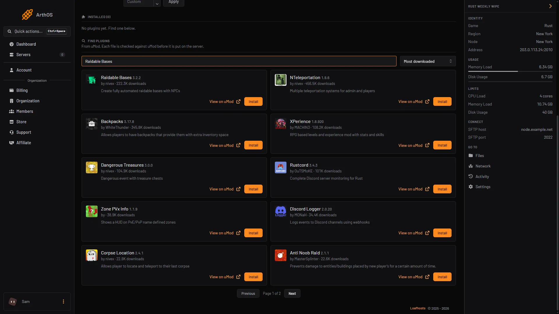 The Plugins tab with raidable bases typed in Search uMod, the Raidable Bases card and its Install button