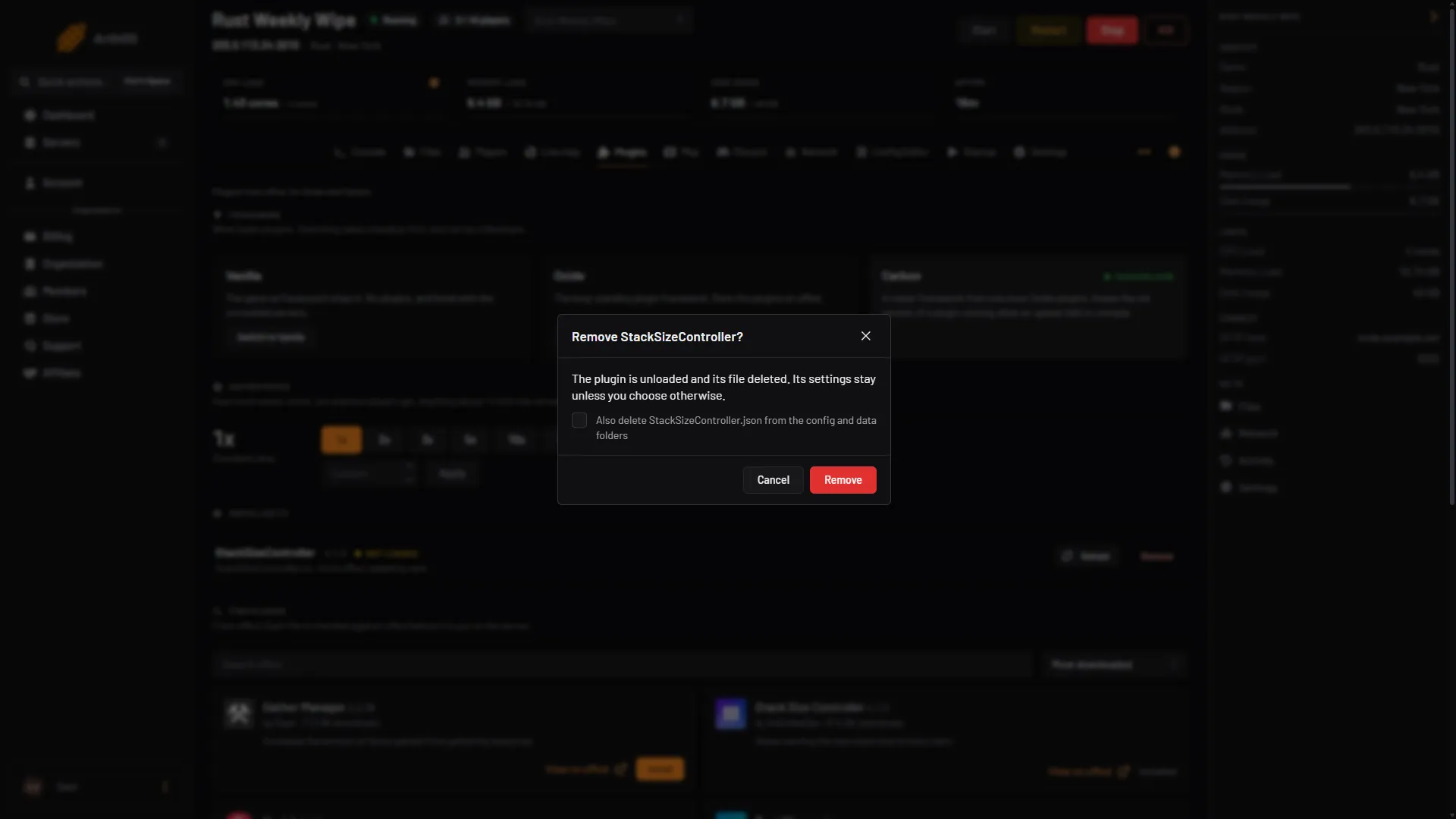 The Remove plugin box with the option to delete its settings and the Remove button