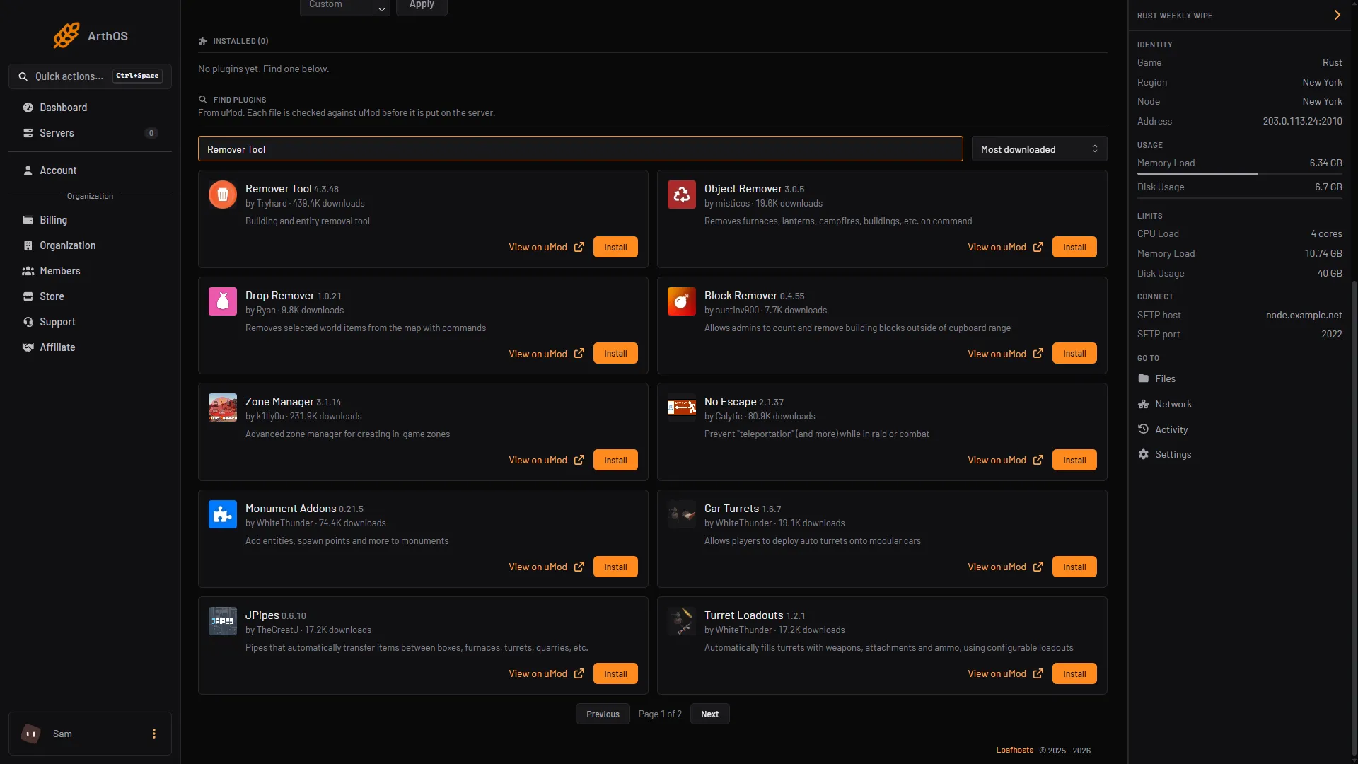 The Plugins tab with remover tool typed in Search uMod, the Remover Tool card and its Install button