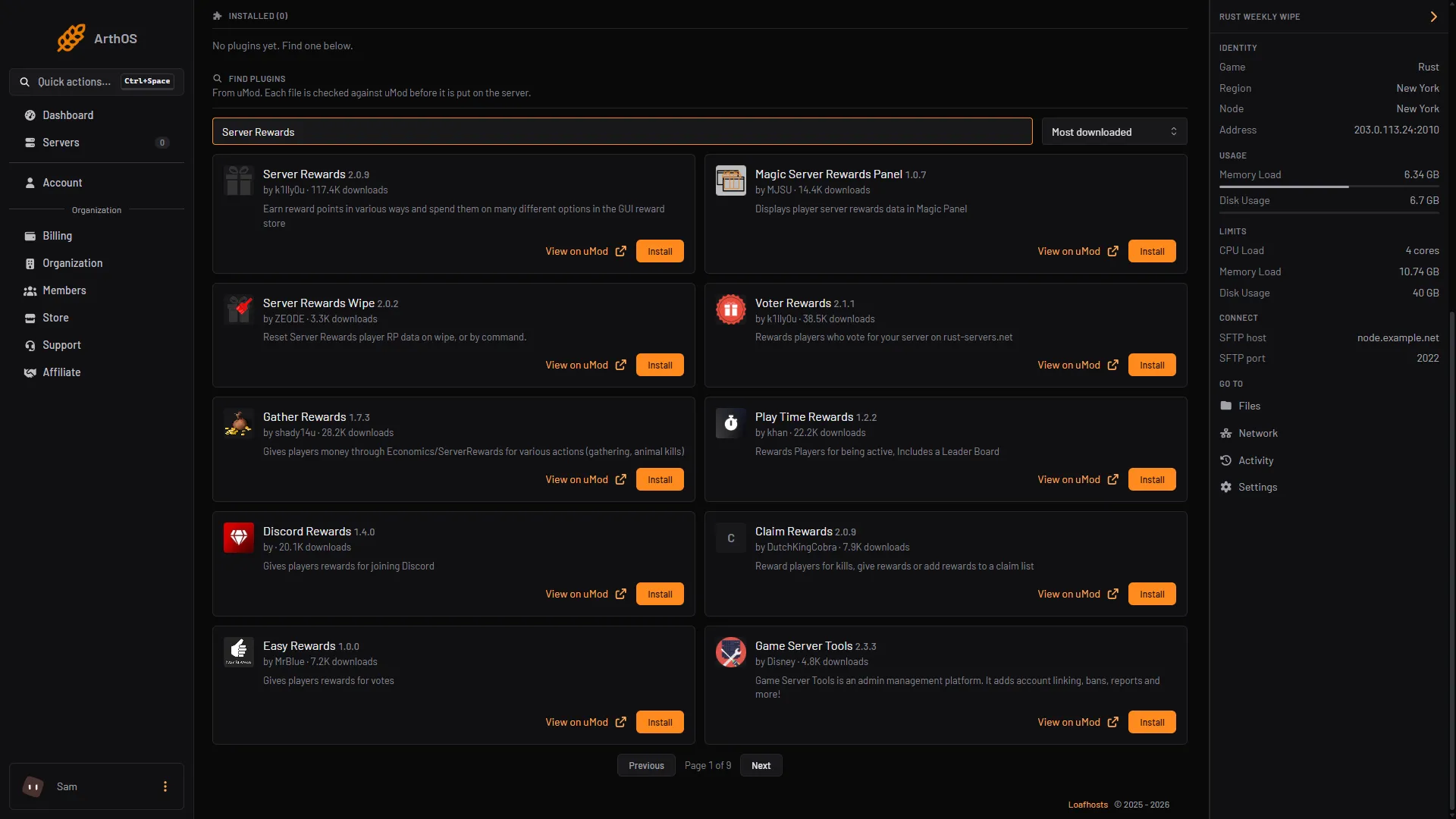 The Plugins tab with server rewards typed in Search uMod, the Server Rewards card and its Install button