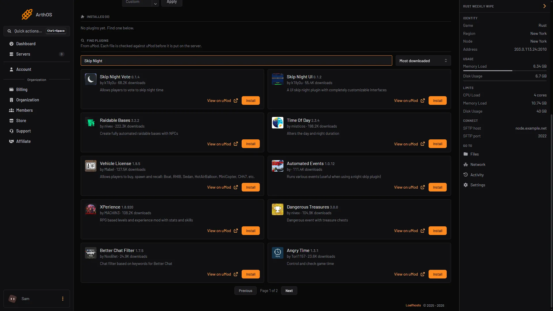 The Plugins tab with skip night typed in Search uMod, the Skip Night Vote card and its Install button