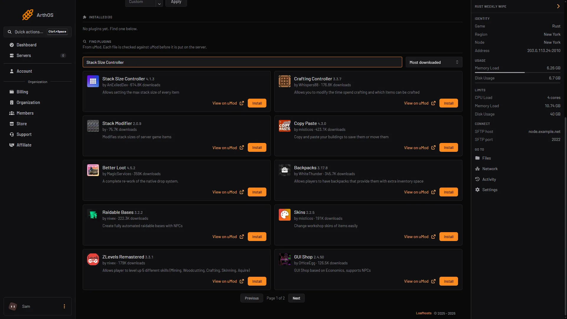 The Plugins tab with stack size typed in Search uMod and the Stack Size Controller card with its Install button