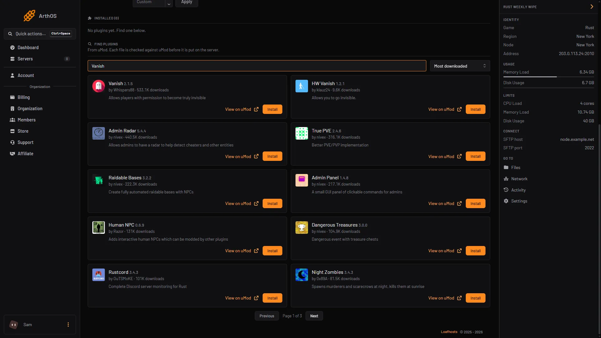 The Plugins tab with vanish typed in Search uMod, the Vanish card and its Install button