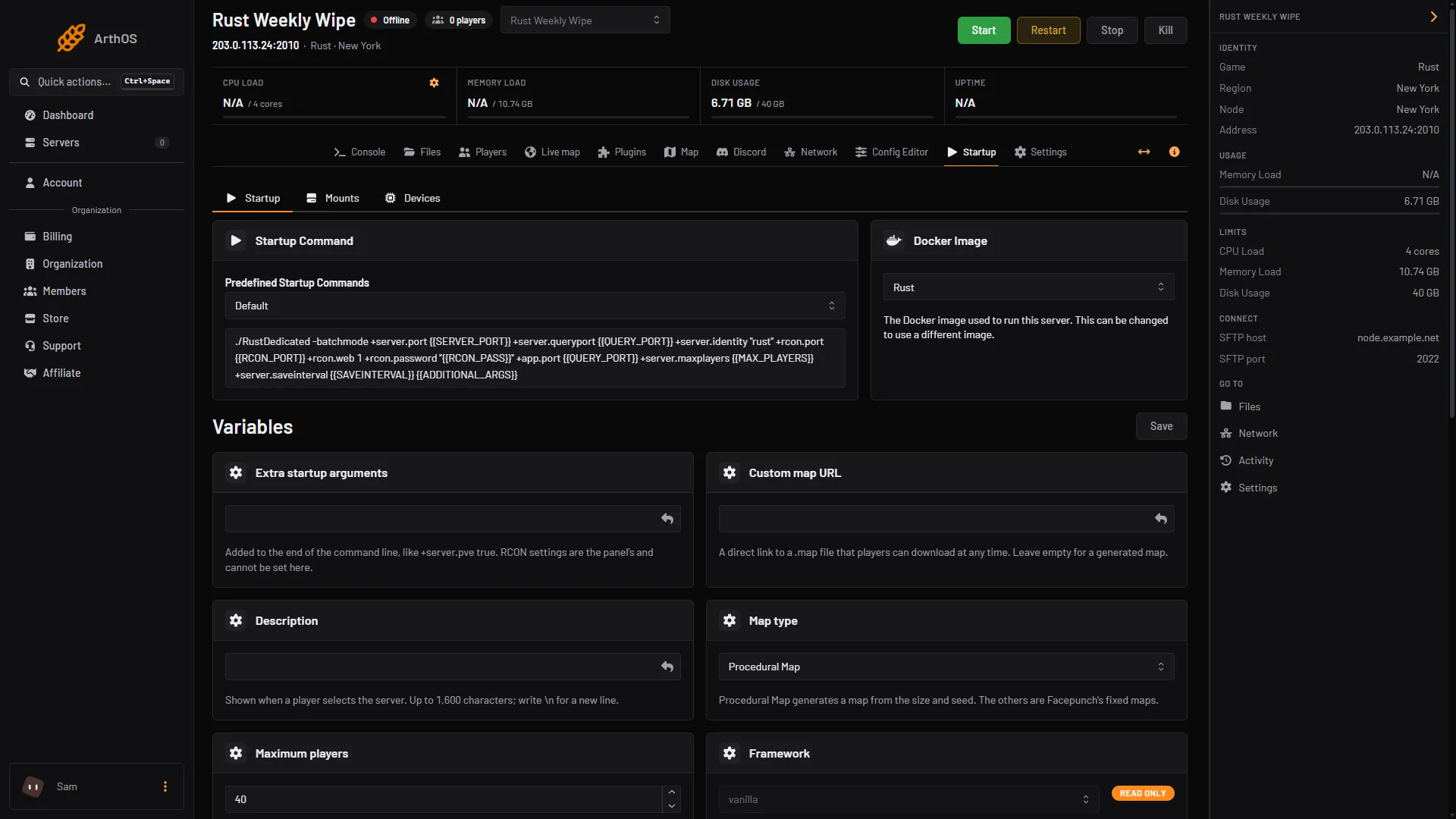 The Startup tab with Custom map URL, Map type and the Save button