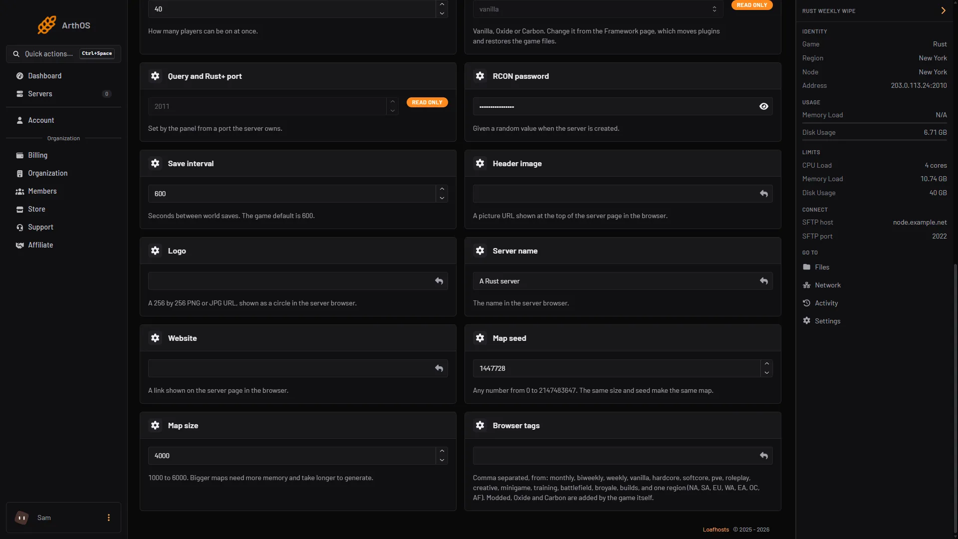 The bottom of the Startup tab, with Server name, Header image, Logo and Browser tags