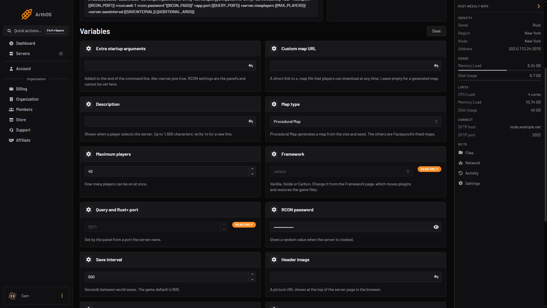 The Rust Startup page scrolled to Maximum players, set to 40, with Save at the top right