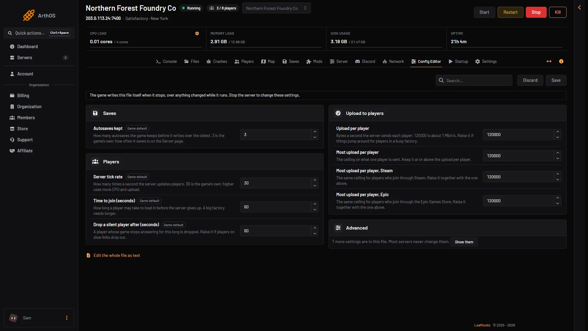 Satisfactory server settings in ArthOS: autosaves kept, tick rate, join and drop times, and upload per player