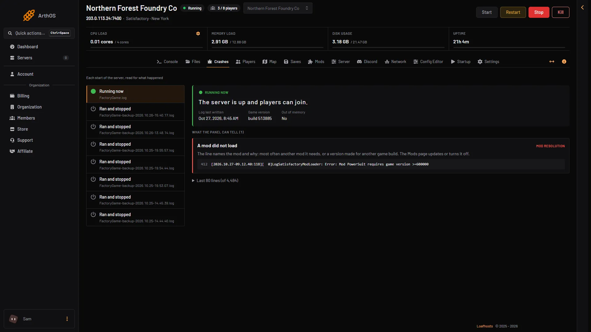 Satisfactory crashes page: each start of the server and a mod that did not load, with the line that says why
