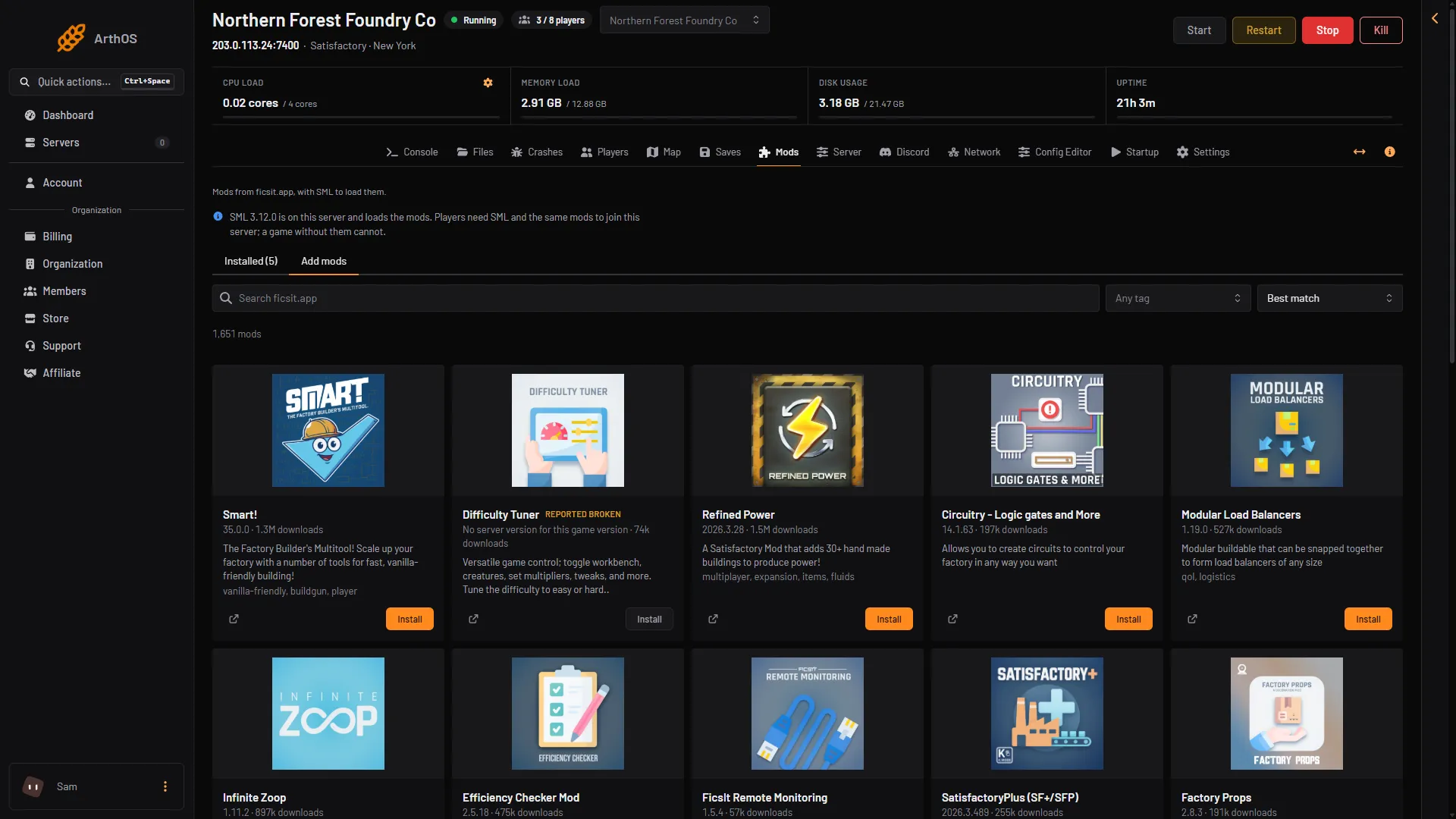Satisfactory mods in ArthOS: ficsit.app mods as cards with their logos, a tag and an order, and Install