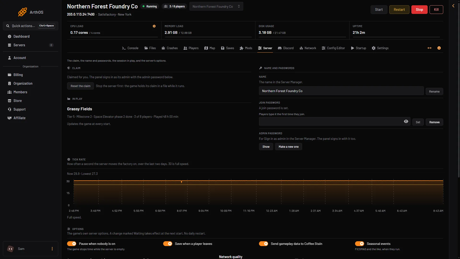Satisfactory server page in ArthOS: the claim, the session in play at tier 5, name and passwords, and two days of tick rate