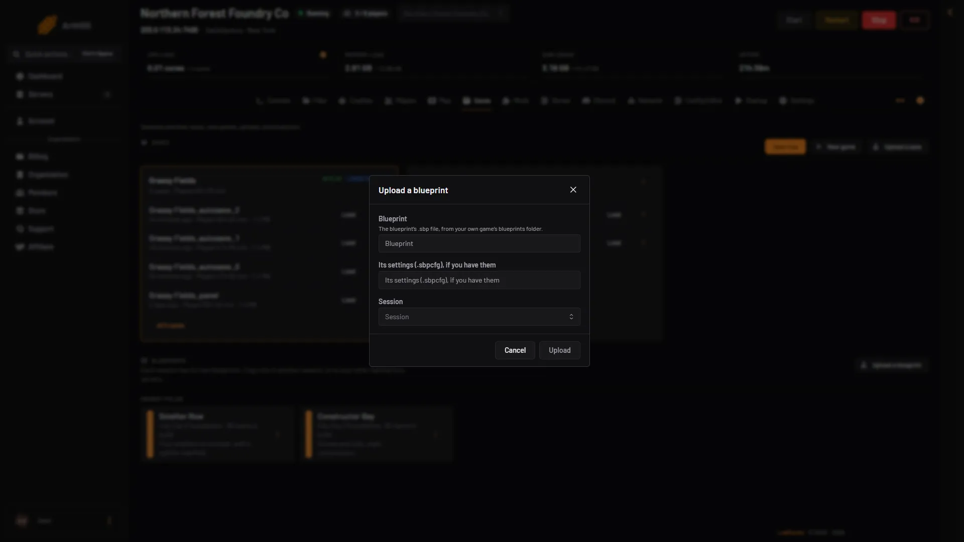 The Upload a blueprint box with the blueprint, its settings and the session fields