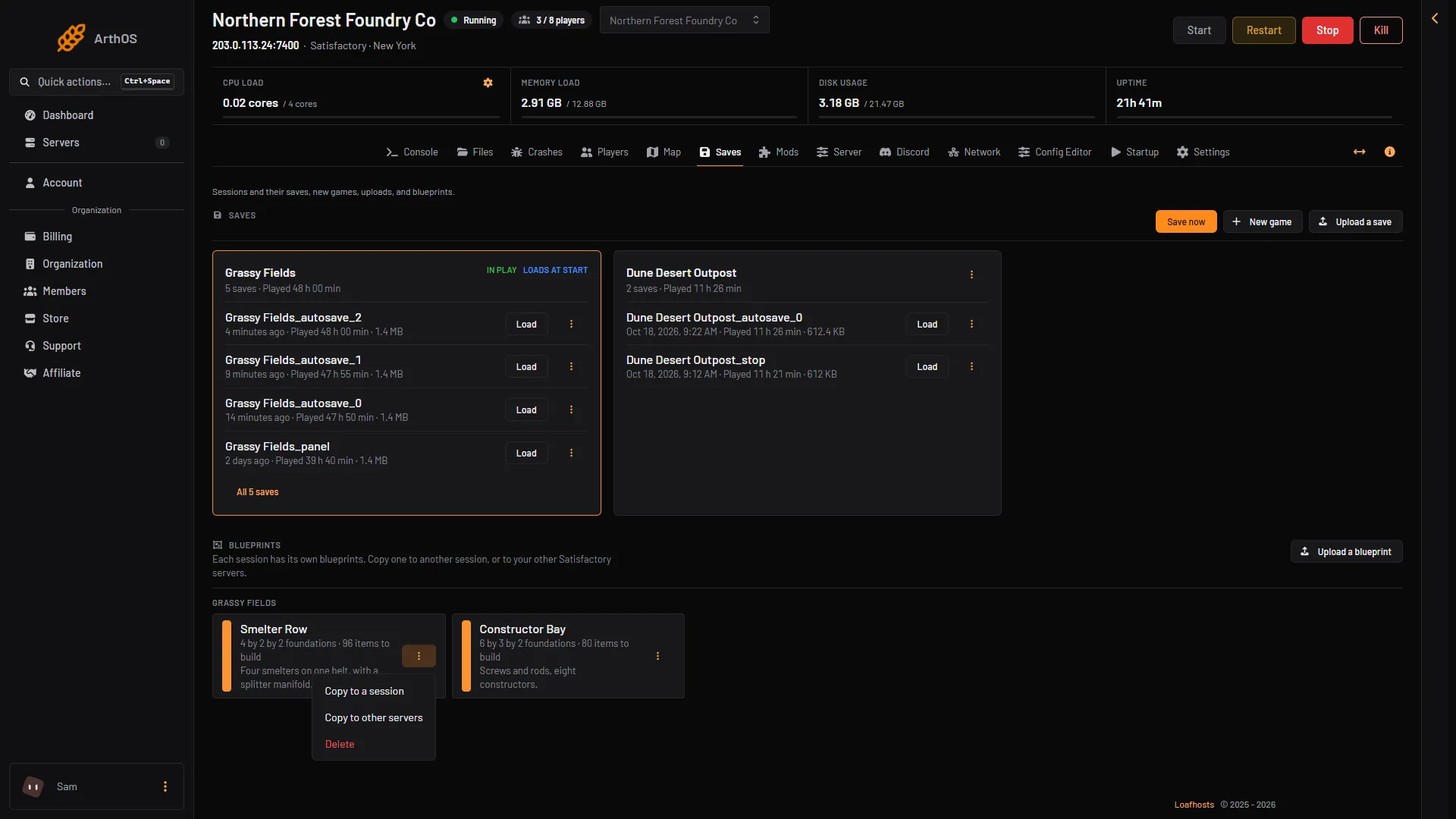 The Blueprints section of the Saves page with two blueprints and one blueprint menu open