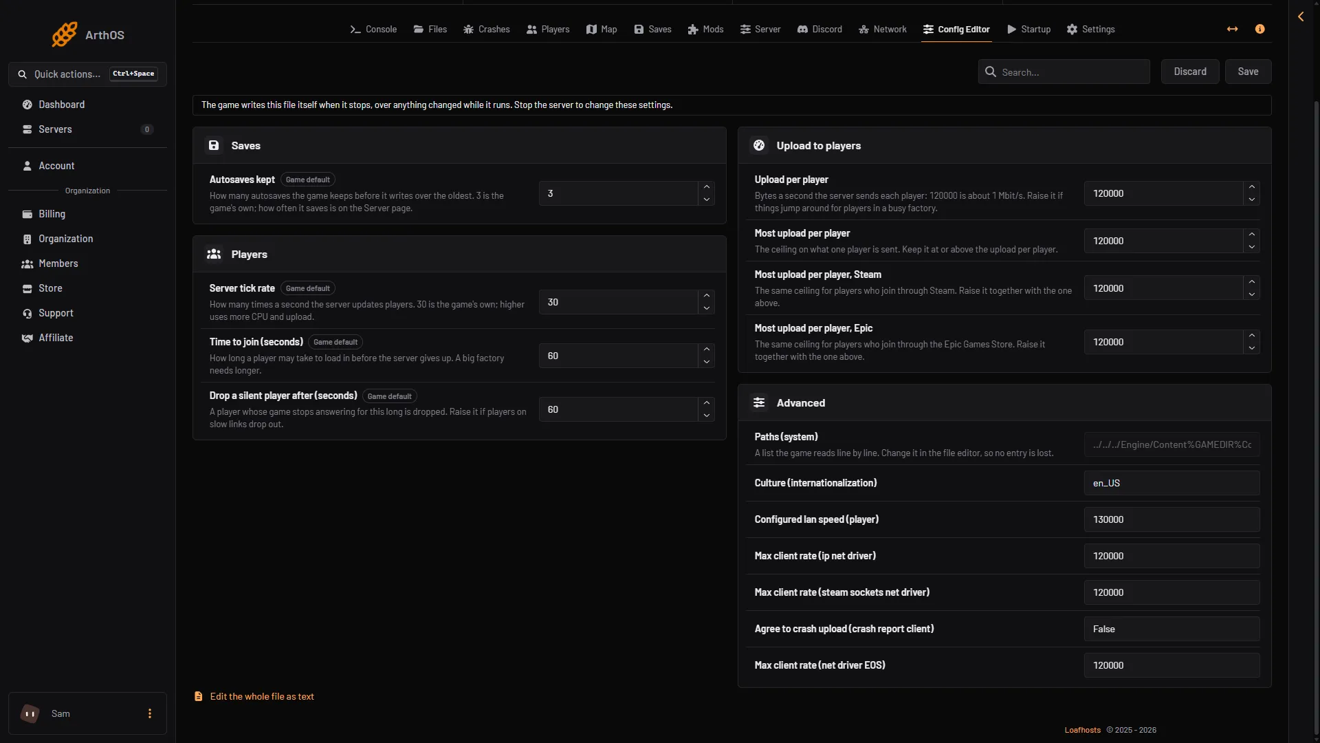 The Advanced card opened, with the other Engine.ini settings as rows