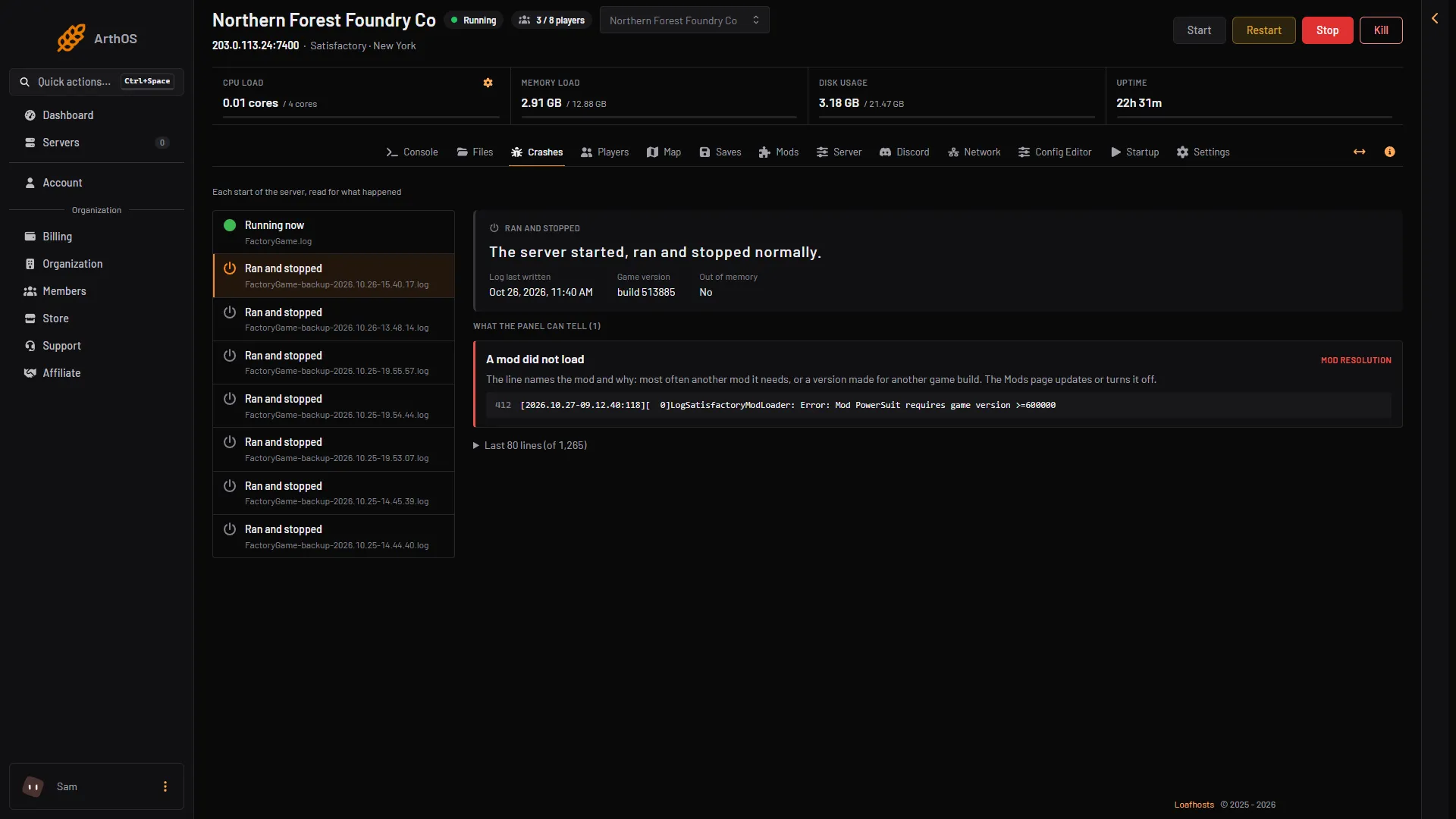 The Crashes page with the list of starts and a finding about a mod that did not load