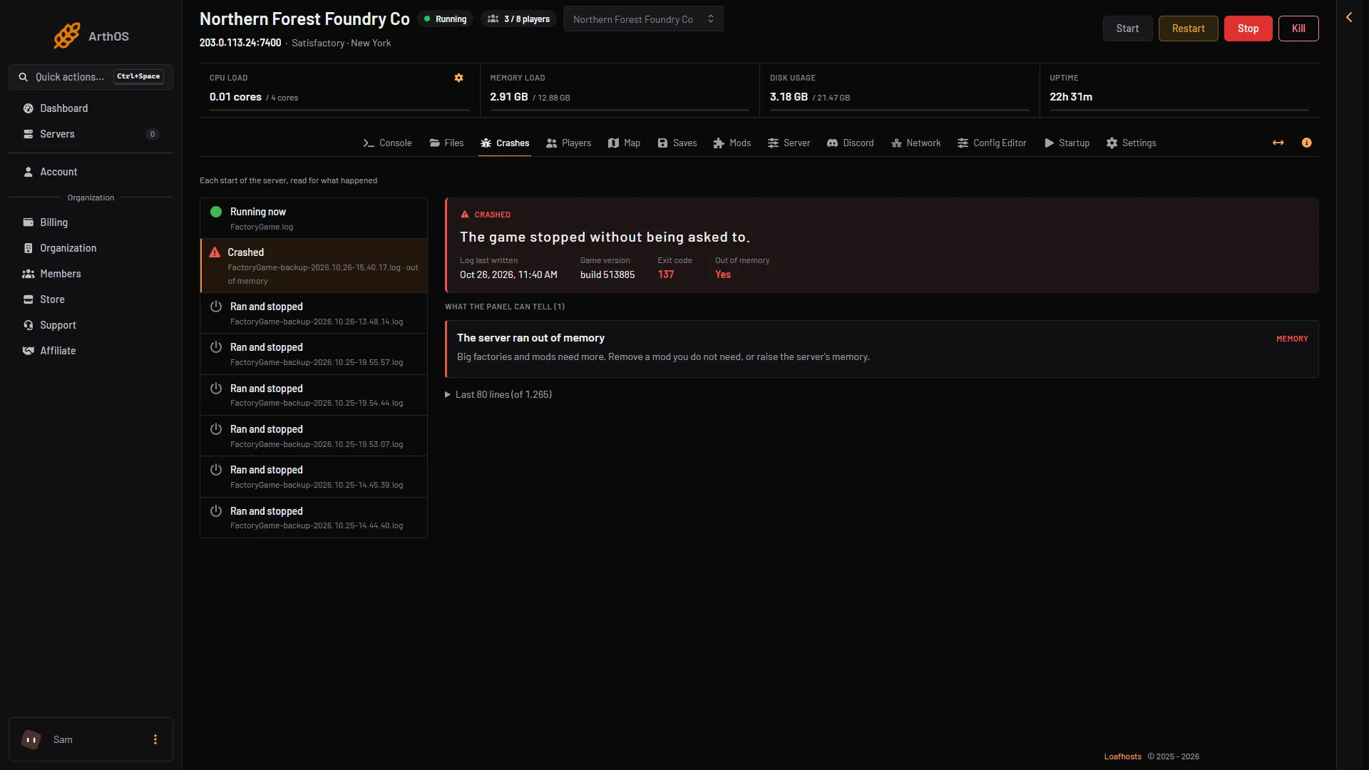 A crashed start with Out of memory Yes and the finding that the server ran out of memory