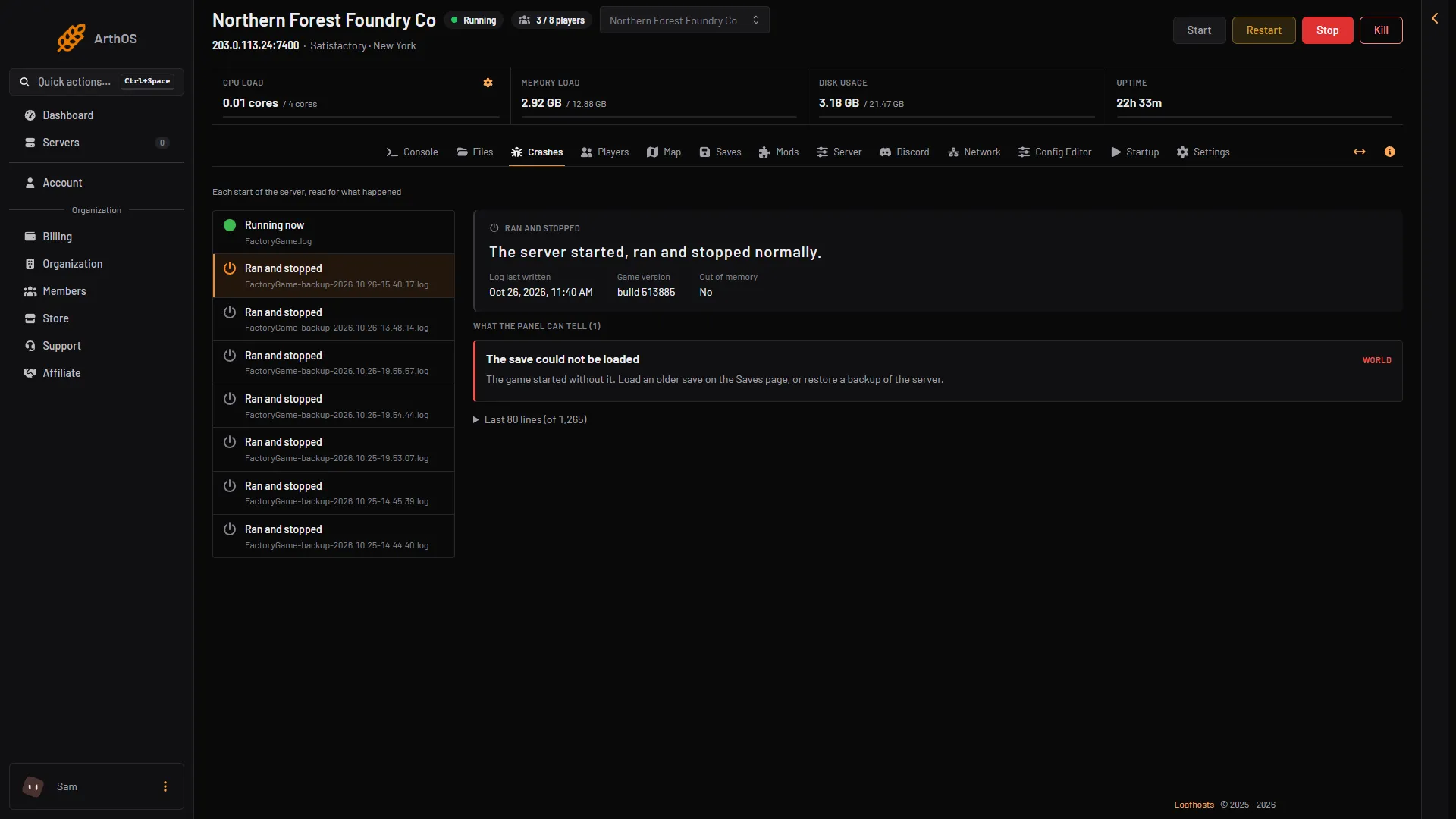 The Crashes page with the finding The save could not be loaded and its fix