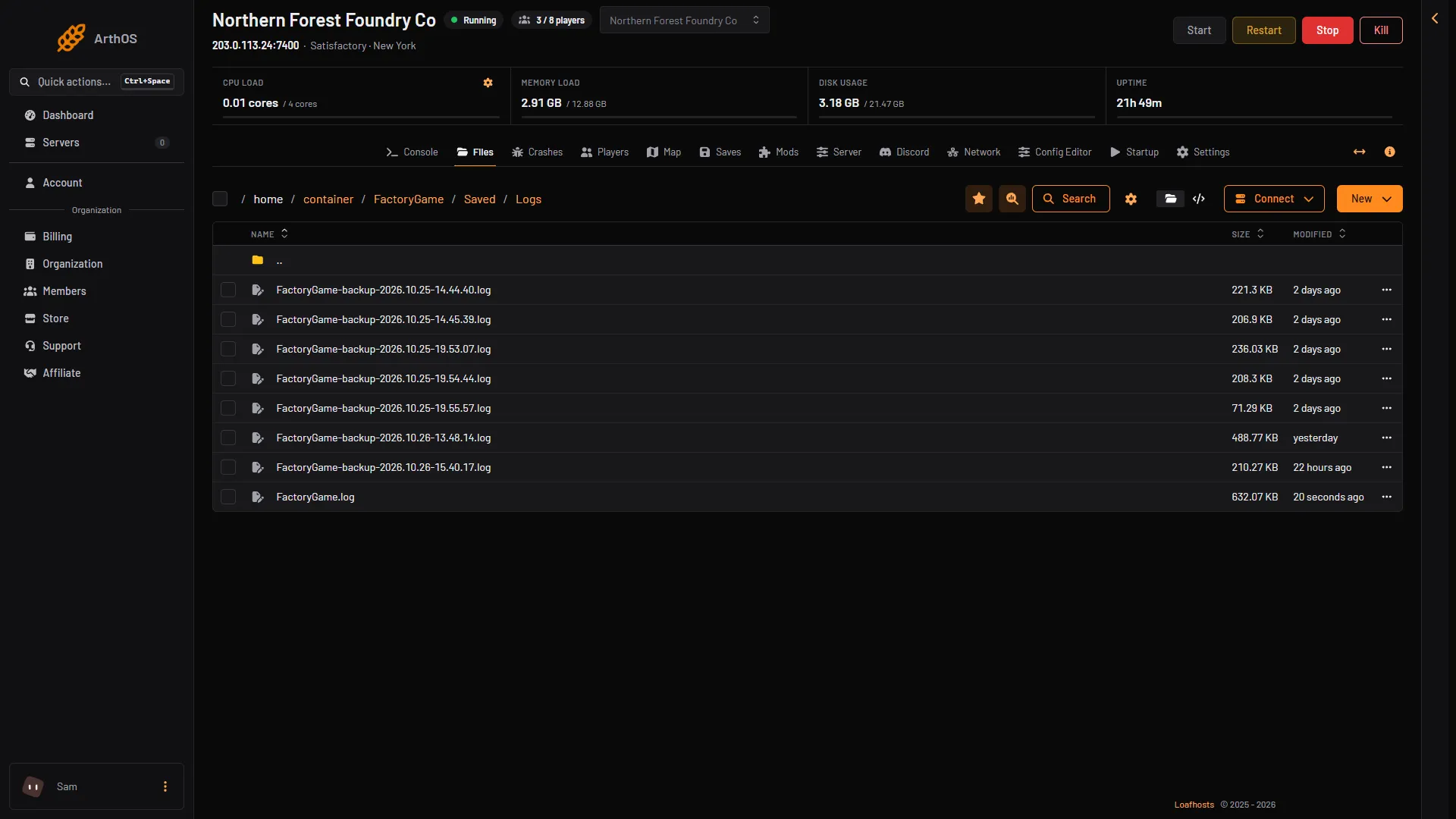 The Logs folder in Files, with the log of this start and the logs of earlier starts