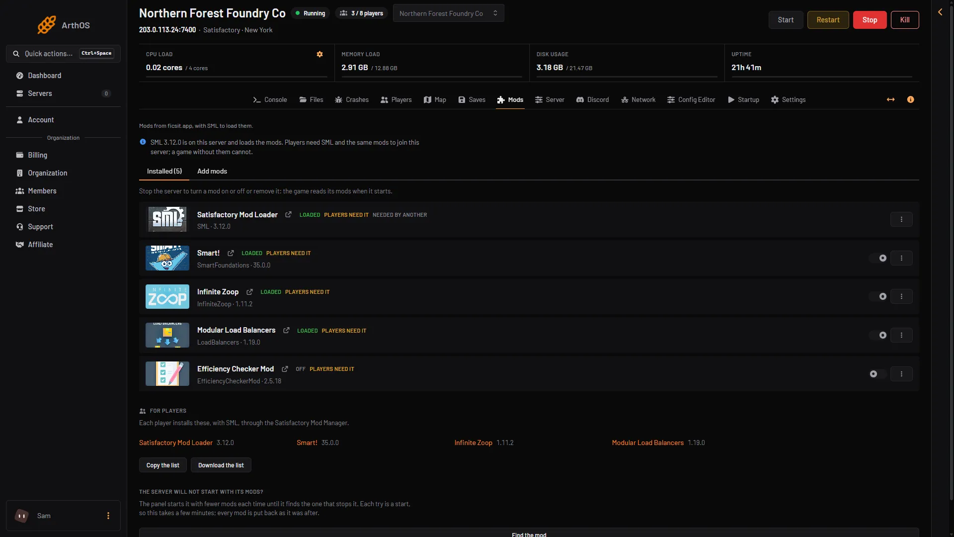 The Mods page, Installed tab, with the SML line at the top and mods with their chips and switches