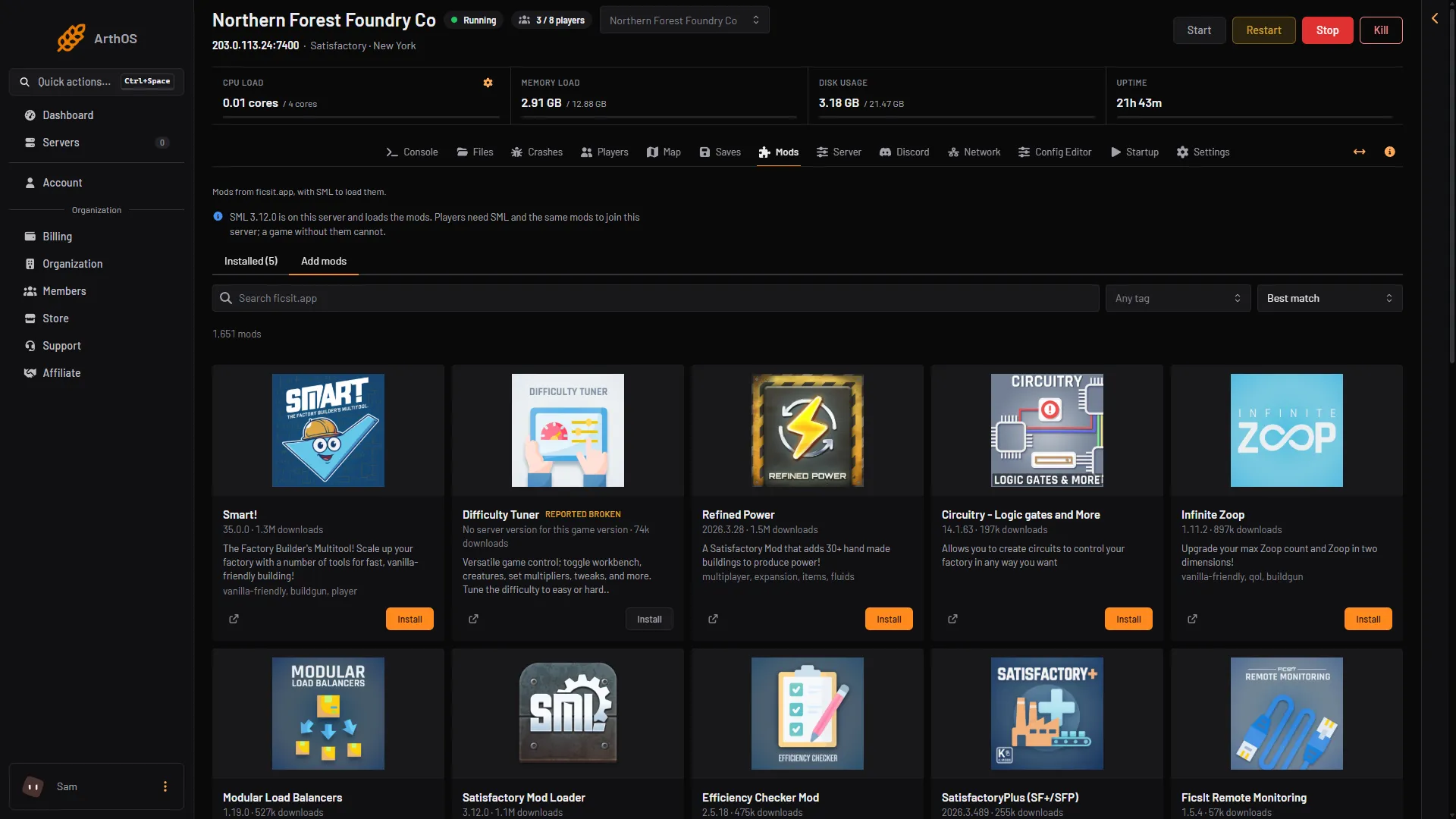 The Add mods tab with the search box, the tag and order lists, and an Install button on each mod