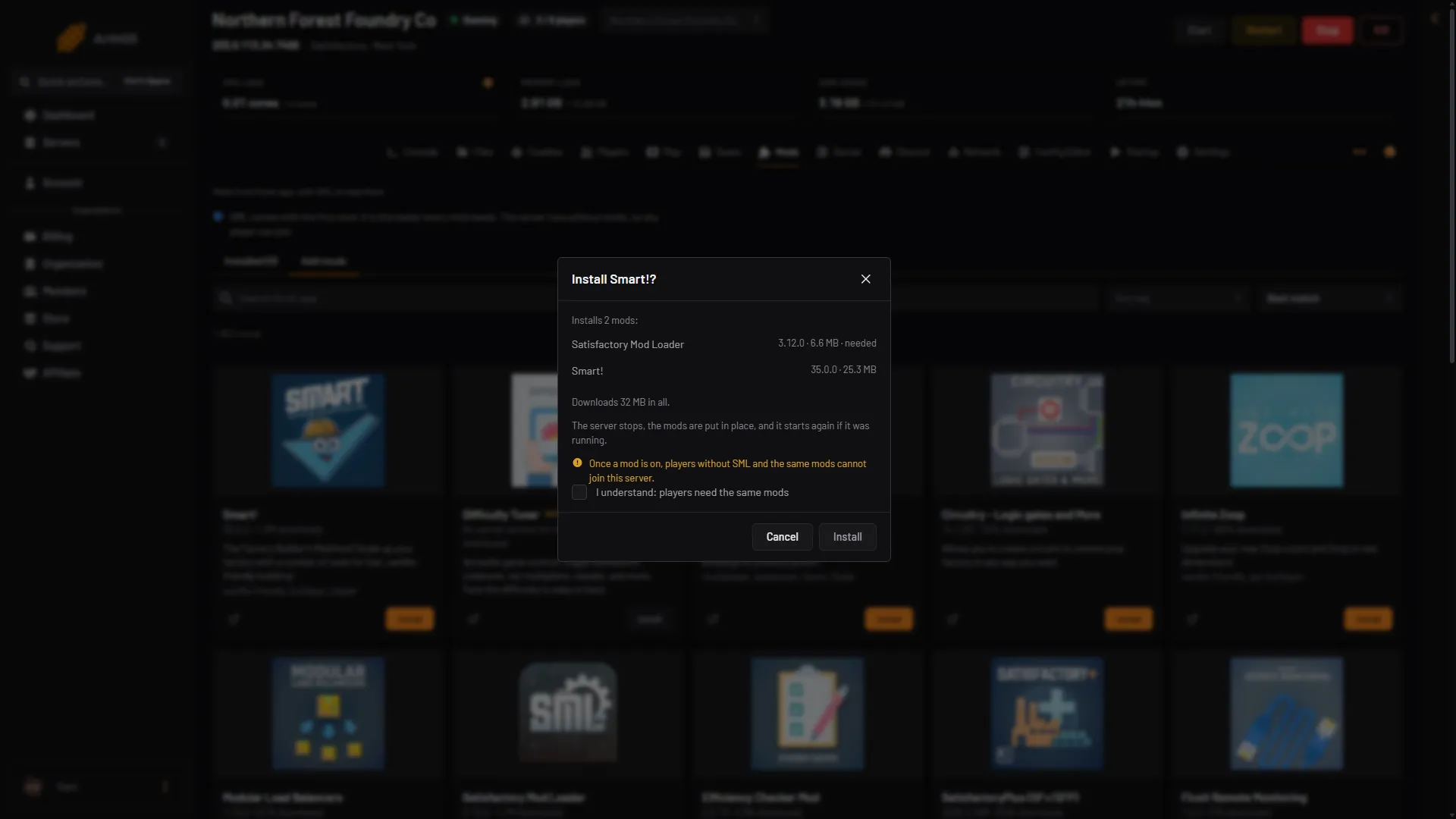 The box that lists every mod it installs, the download size and the tick box for players needing the same mods