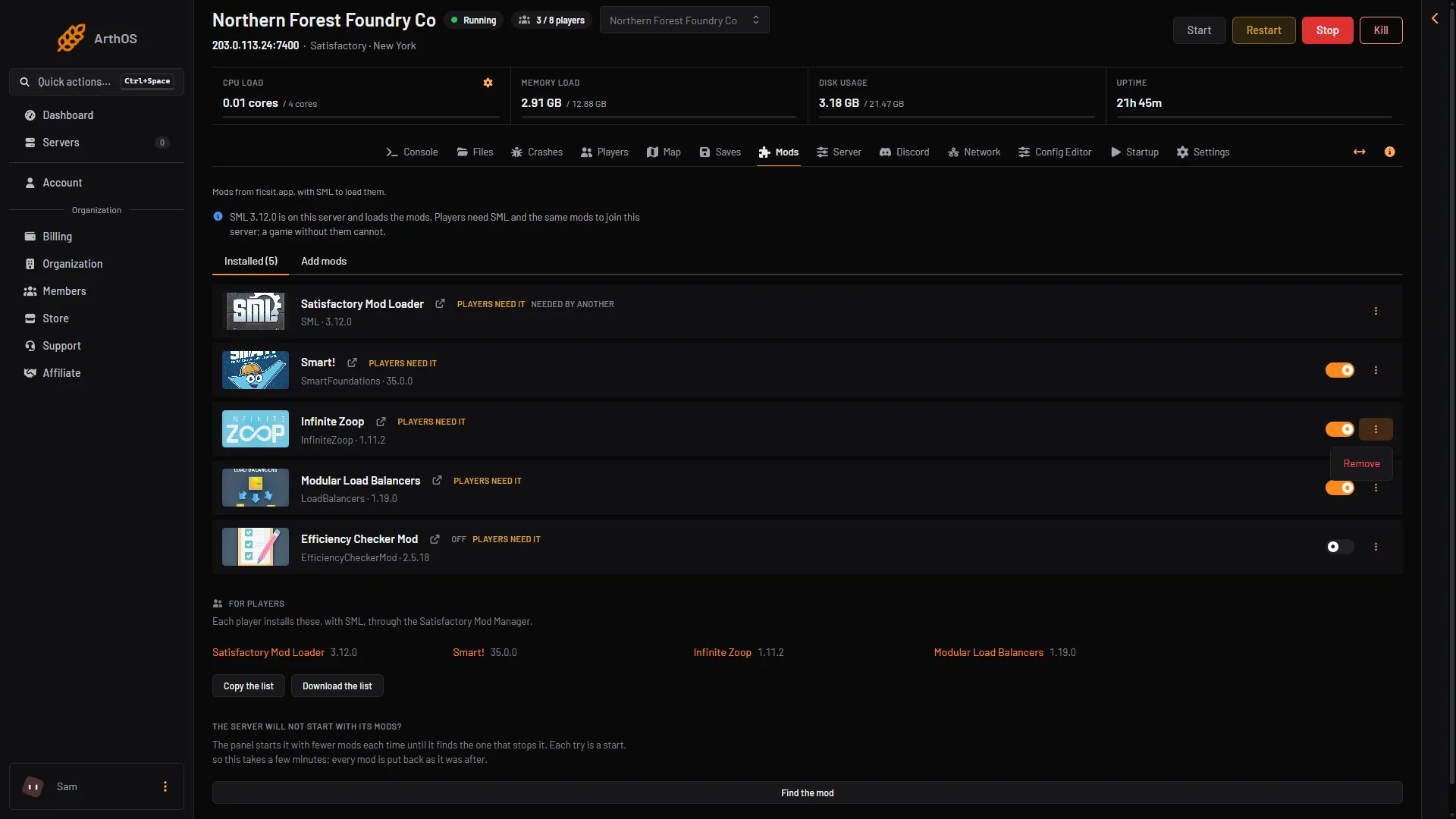 One mod's menu open on the Installed tab, showing Remove