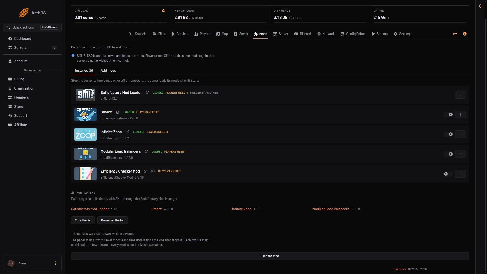 The For players section with each mod and its version, and the Copy the list and Download the list buttons