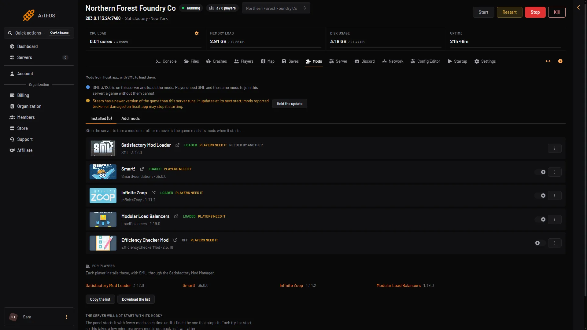 The Mods page warning that Steam has a newer game version, with the Hold the update button