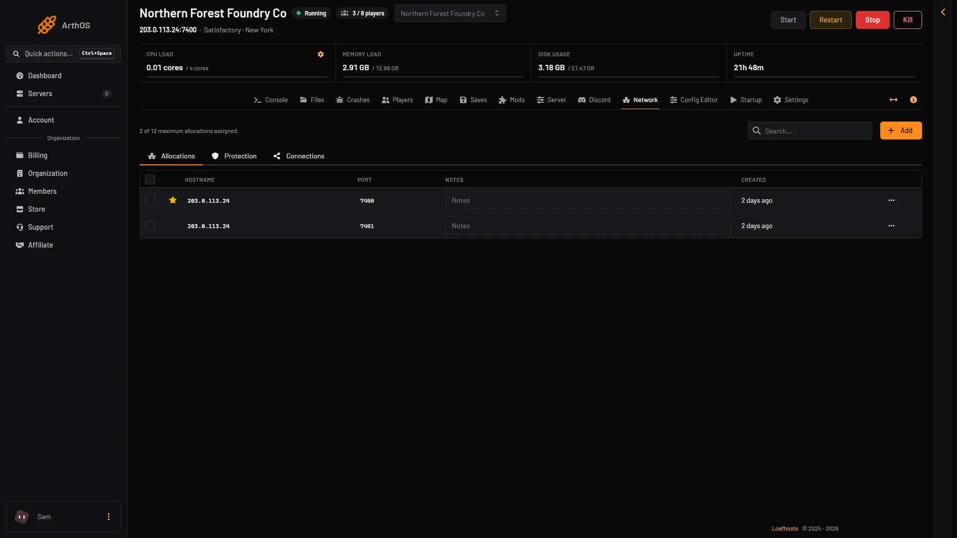 The Network page listing the game port 7400 and the reliable messaging port 7401