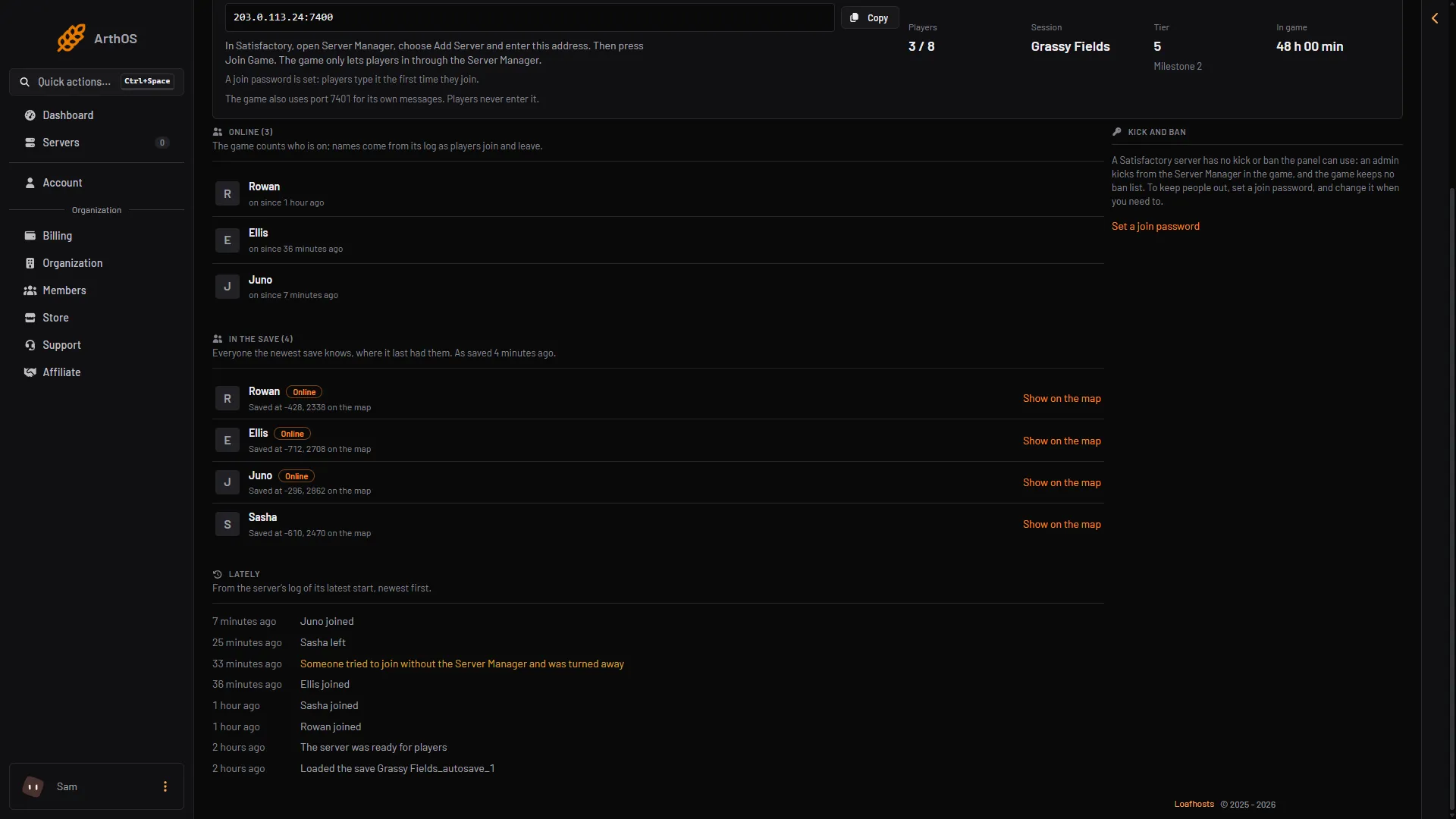 The Lately list on the Players page, with the line about someone who tried to join without the Server Manager