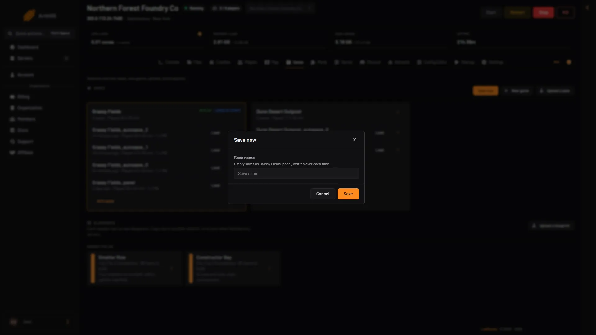 The Save now box with an empty Save name field and the line that an empty name saves as the panel save