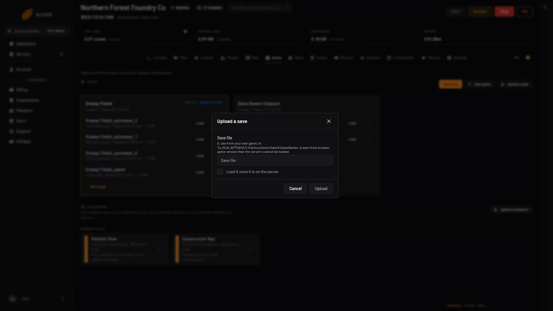 The Upload a save box with the Save file field and the Load it once it is on the server tick box