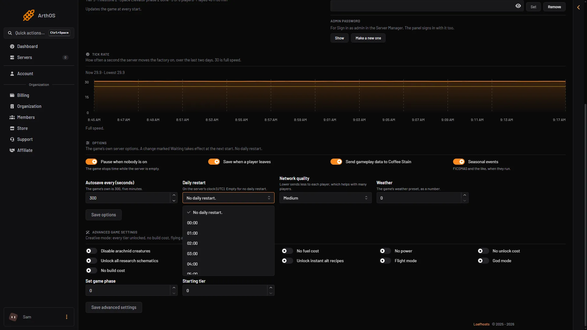The Daily restart list open on the Server page, showing No daily restart and one choice per hour