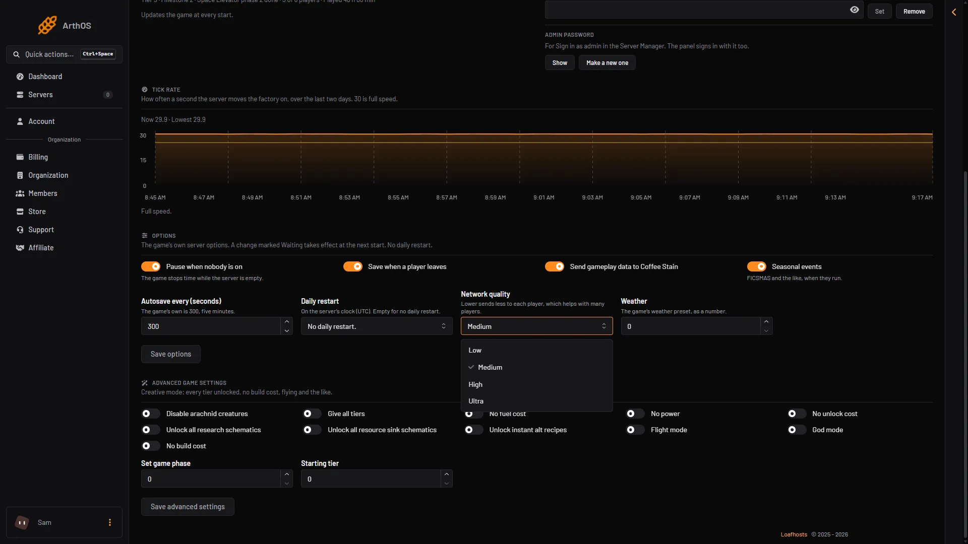 The Network quality list open on the Server page with Low, Medium, High and Ultra