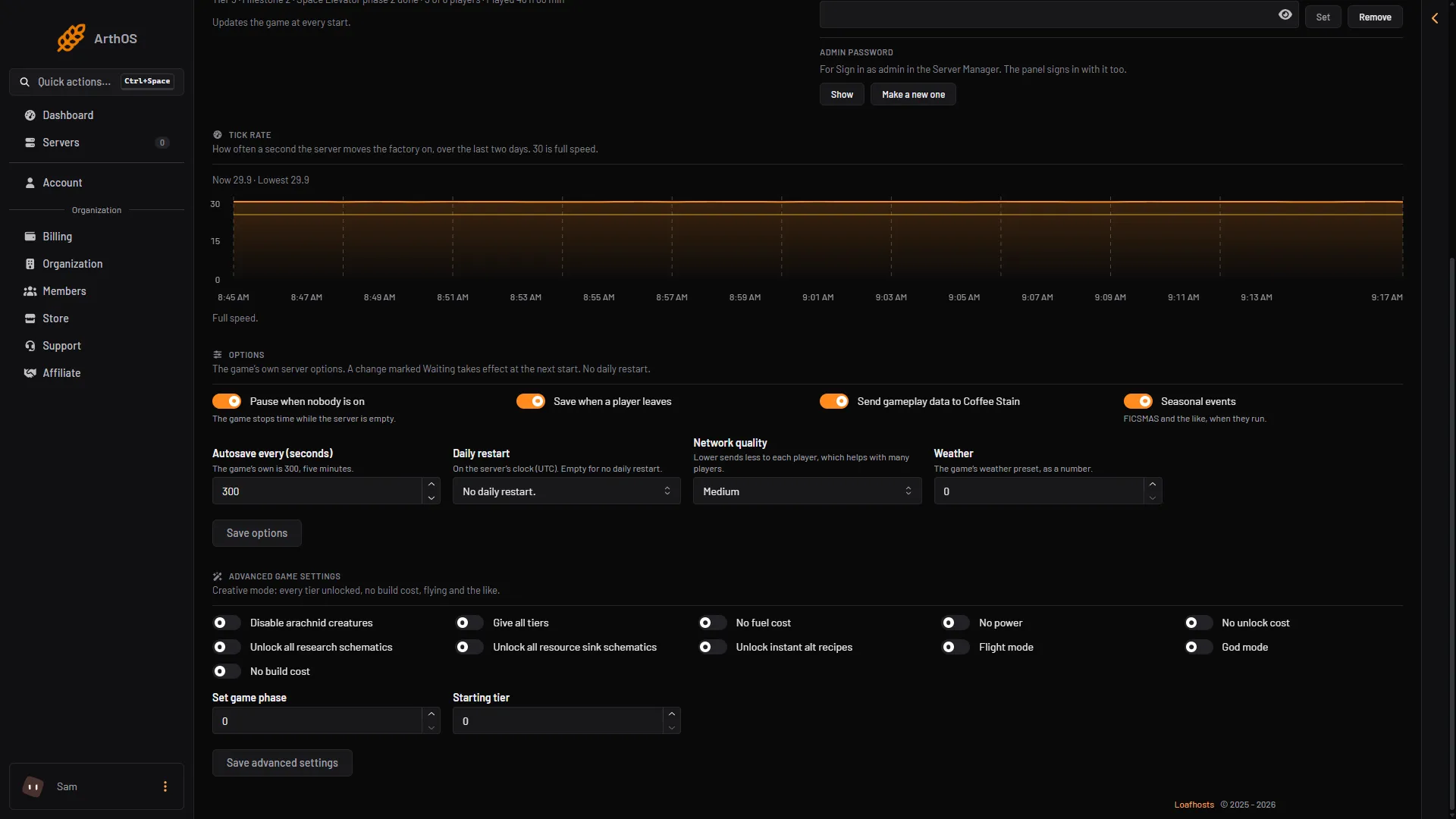 The Options card with its switches, the autosave, daily restart and network quality values, and Save options